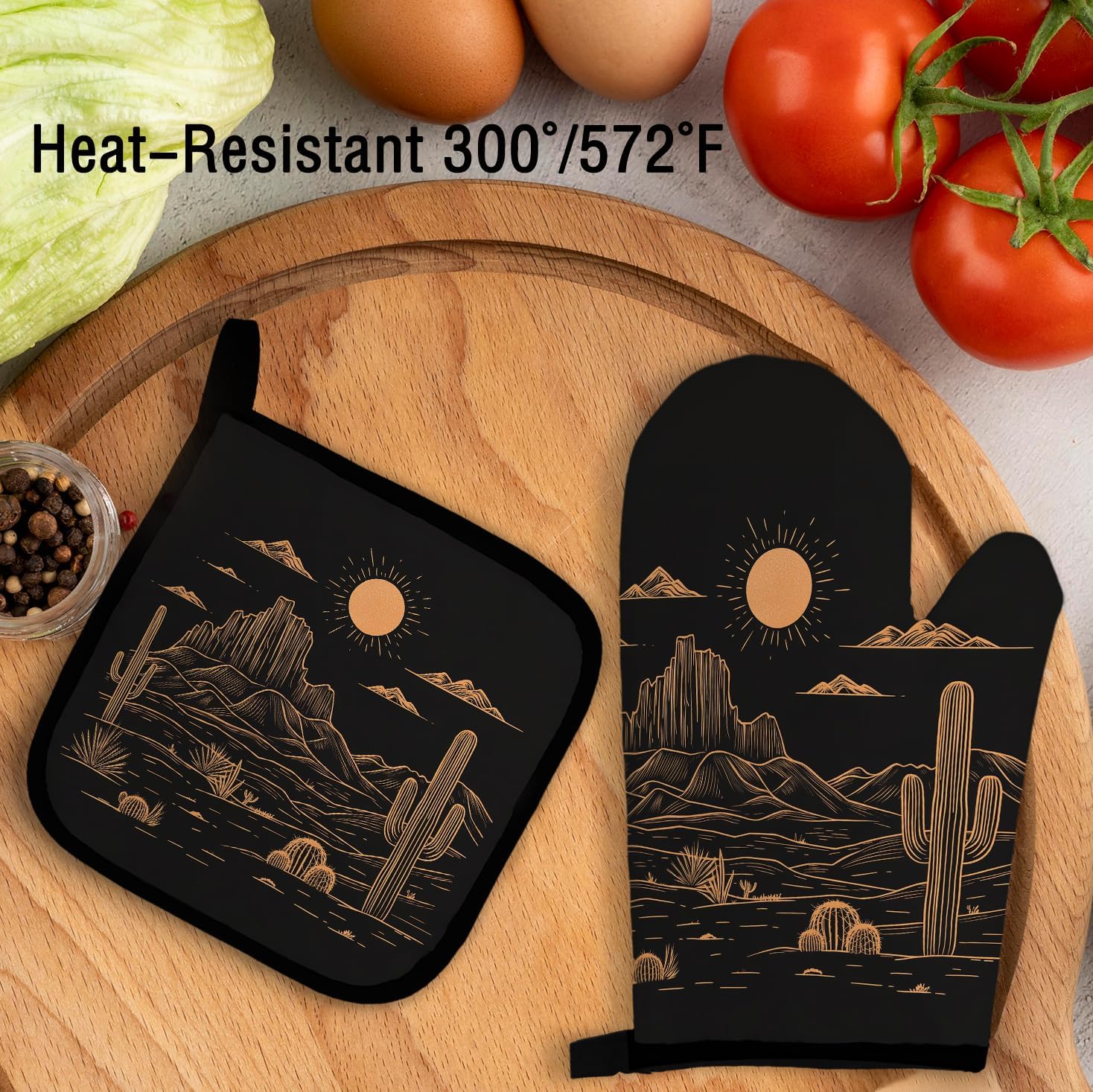 Boho Sunshine Western Black Oven Mitts and Pot Holders Sets, Cactus Kitchen Decor, Home Over Mittens, Gloves Gifts