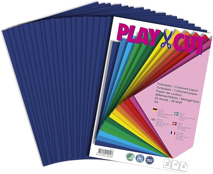 PLAY-CUT Tonpapier A4 Mitternachtsblau (130g/m2) | 20 Bogen Din A4 Papier zum Basteln Drucken | Dickes Bedruckbares Bastelpapier Set und Druckerpapier A4 | Premium Tonzeichenpapier & Craft Paper