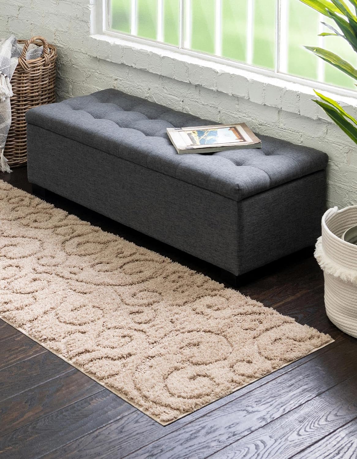 Rugs.com Botanical Shag Collection Rug – 6 Ft Runner Beige Shag Rug Perfect for Hallways, Entryways