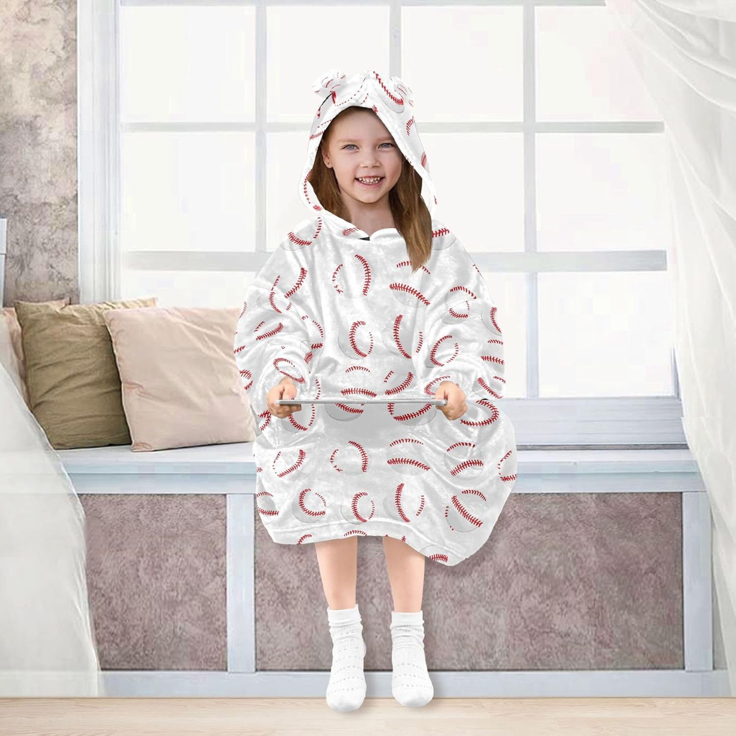 Baseball Kids Wearable Blanket Hoodie with Pocket and Sleeves for Toddlers, Cute Hoodies Girls Boys B0403936