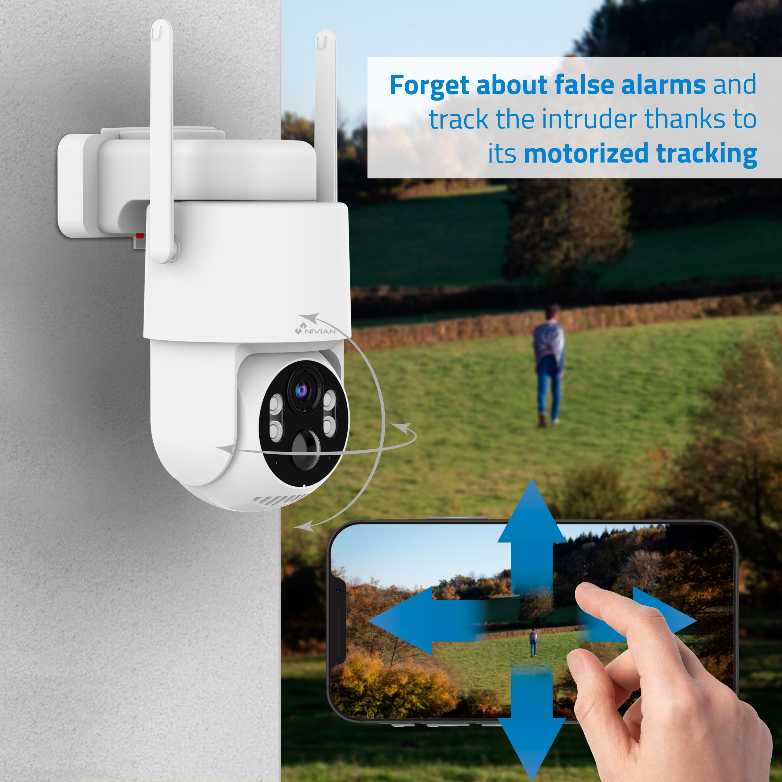 NIVIAN Telecamera di sorveglianza di sicurezza 360° 4G - SIM 3 anni inclusa- Pannello solare 5 W-Batteria lunga durata 7800 mAh-2 K-Rilevamento di movimento e umani-Adatto esterno-Visione notturna