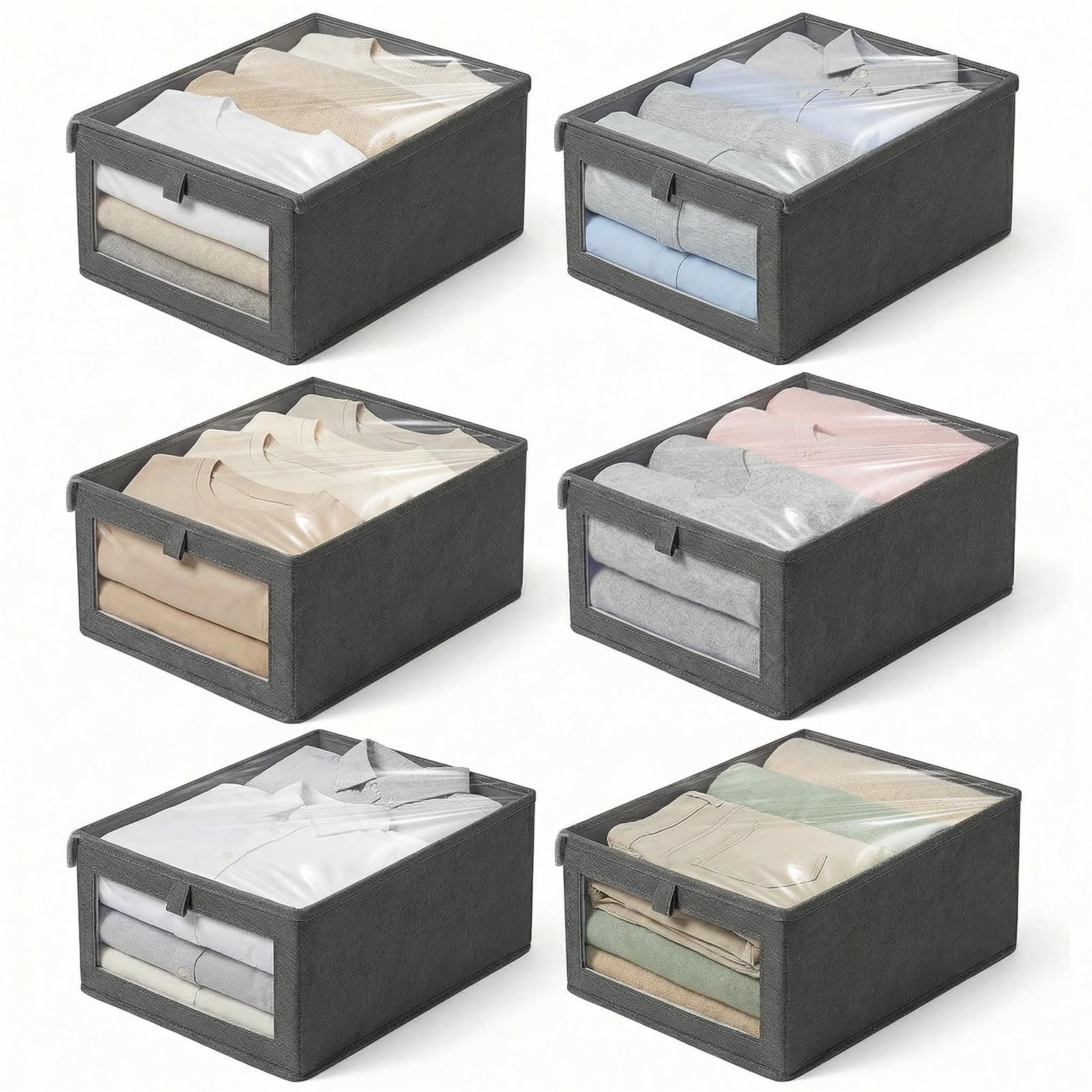 Wardrobe Storage Organiser Foldable - 6Pcs Drawer Organiser Clothes Fabric Storage Boxes Bin with Clear Window Shelf Stackable Clothing Storage Boxes for Underwear Jeans Pants Shirts Leggings Toy, Gre