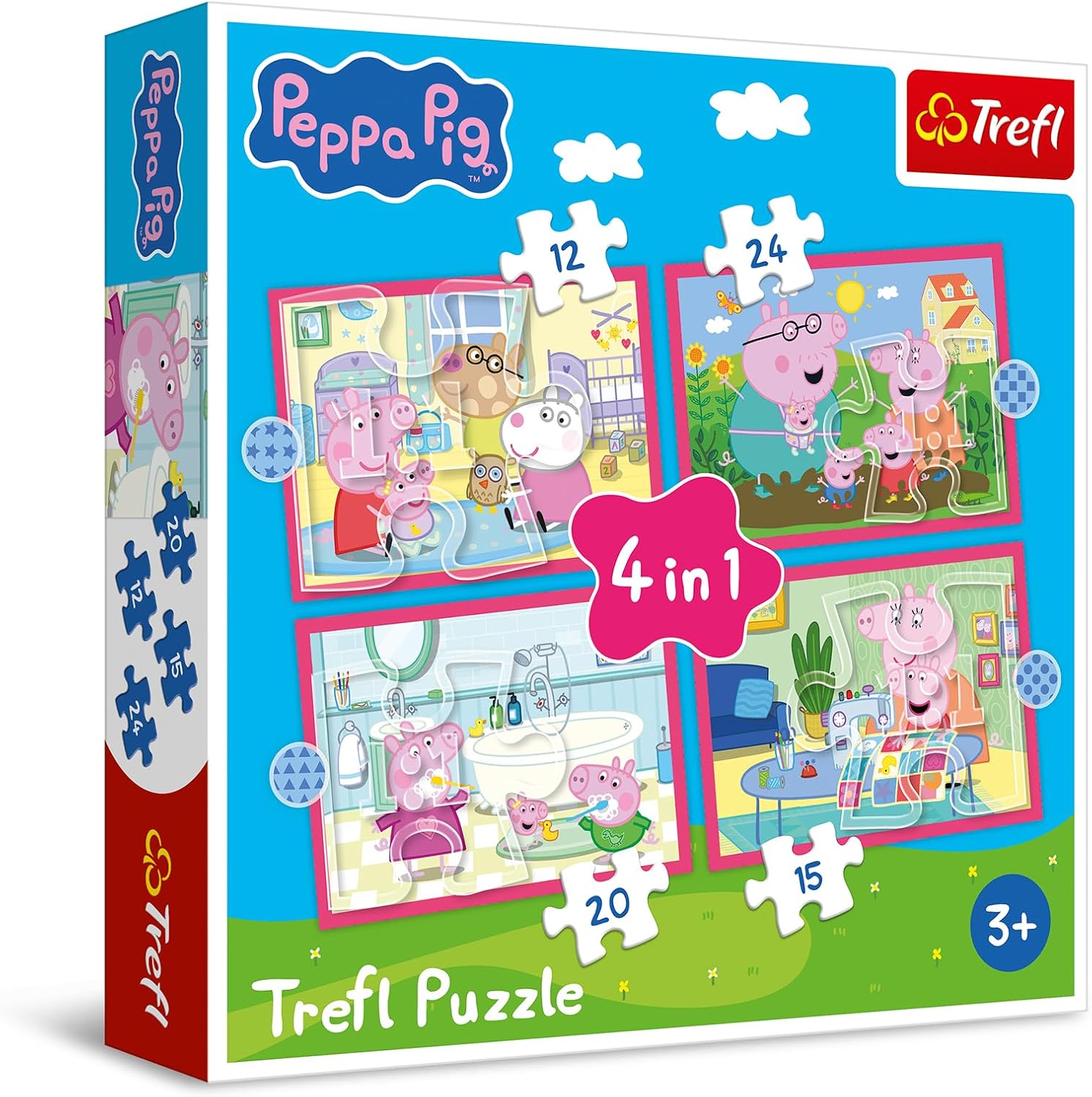 Trefl - Peppa Pig, Peppa Loves Adventures - 4-in-1 Puzzle, 4 Puzzles, 12 to 24 Pieces - Various Difficulty Levels, Colourful Puzzles with Cartoon Characters, Fun for Children Aged 3+