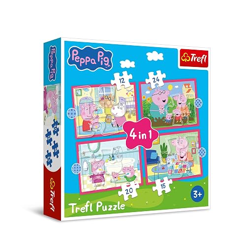 Trefl - Peppa Pig, Peppa ama Las Aventuras - Rompecabezas 4 en 1, 4 Rompecabezas, de 12 a 24 Piezas