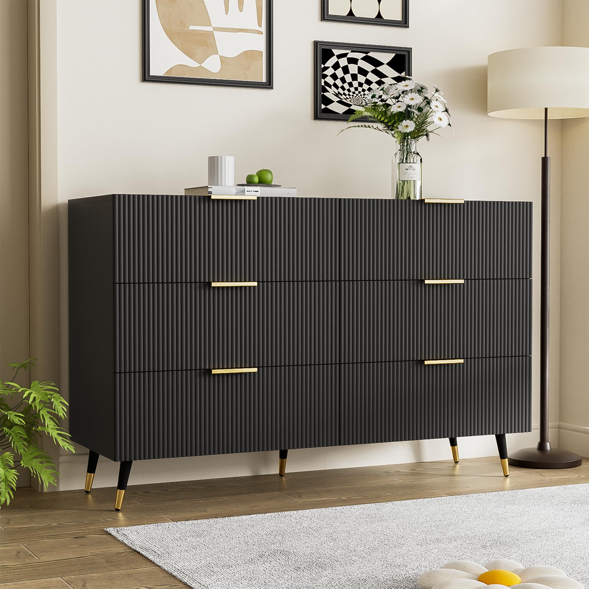 FammyLoft Chest of Drawers, Sideboard for Living Room, Wooden Storage Cabinet with 6 Drawers, Black Storage Units with Wave Design for Living Room, Entryway, Hallway, 120 x 40 x 77 cm, Black โ image 1