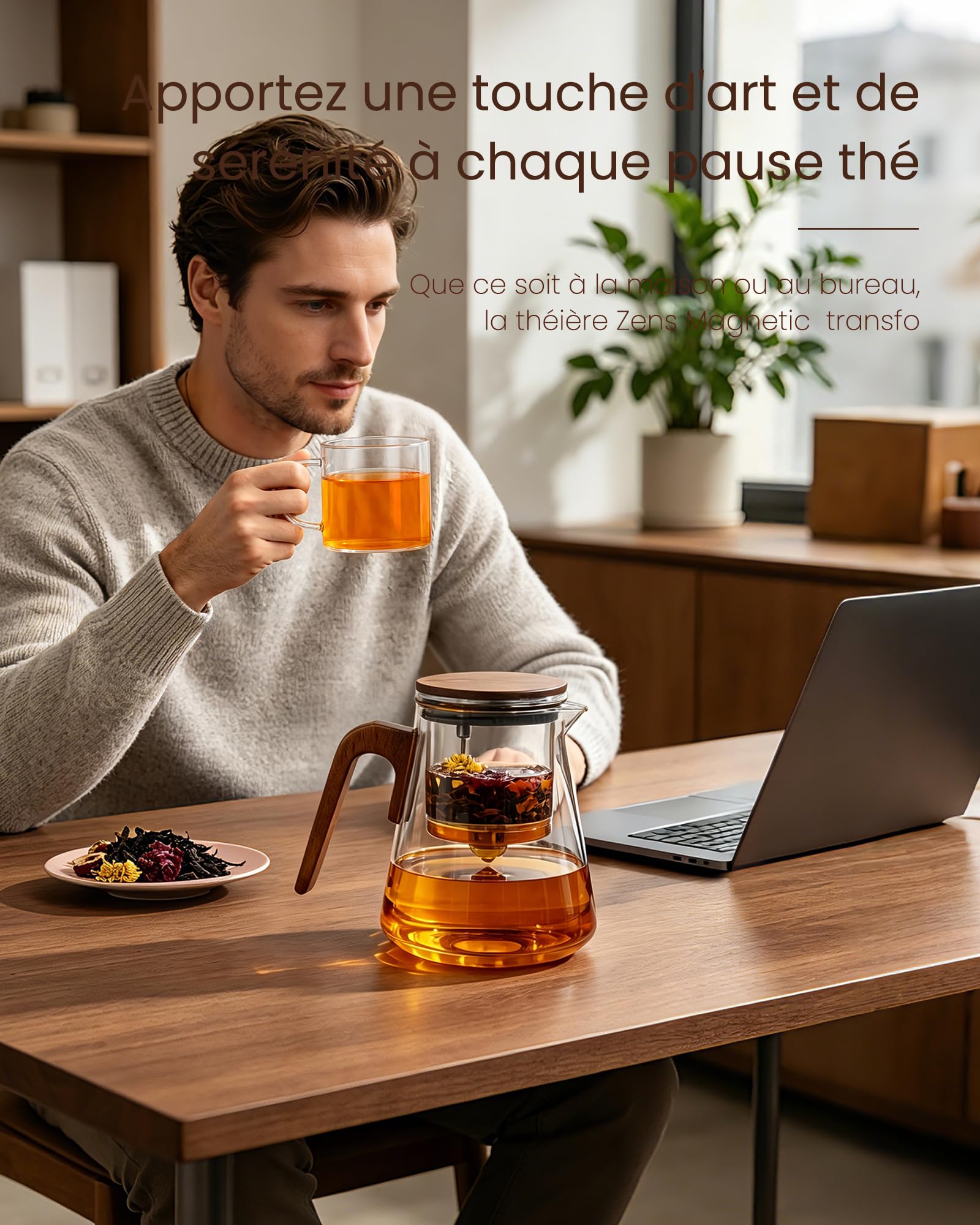ZENS Theiere con infusor, Magic tetera de cristal con tapa de succión magnética para té de hojas sueltas sin daños, mango de madera de nogal, regalos para los amantes del té-800ML