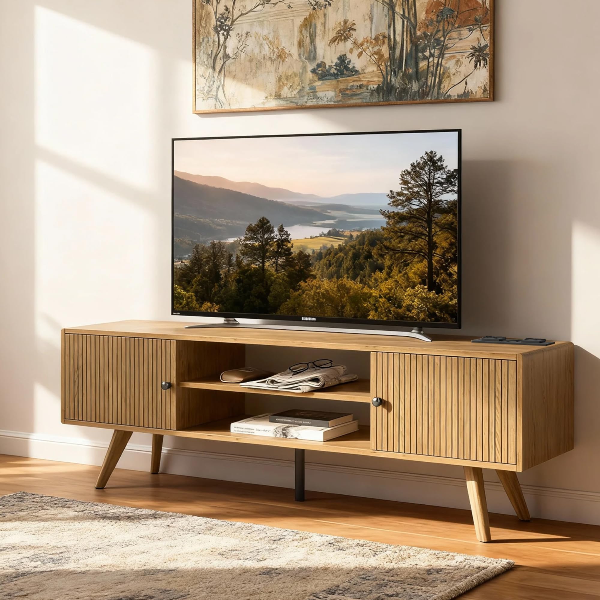 Drewniana szafka pod telewizor o długości 140 cm – szafka stojąca z 2 schowkami i 2 otwartymi półkami, komoda pod telewizor do salonu na telewizor 60 cali, drewniany stolik pod telewizor z płyty P2 15