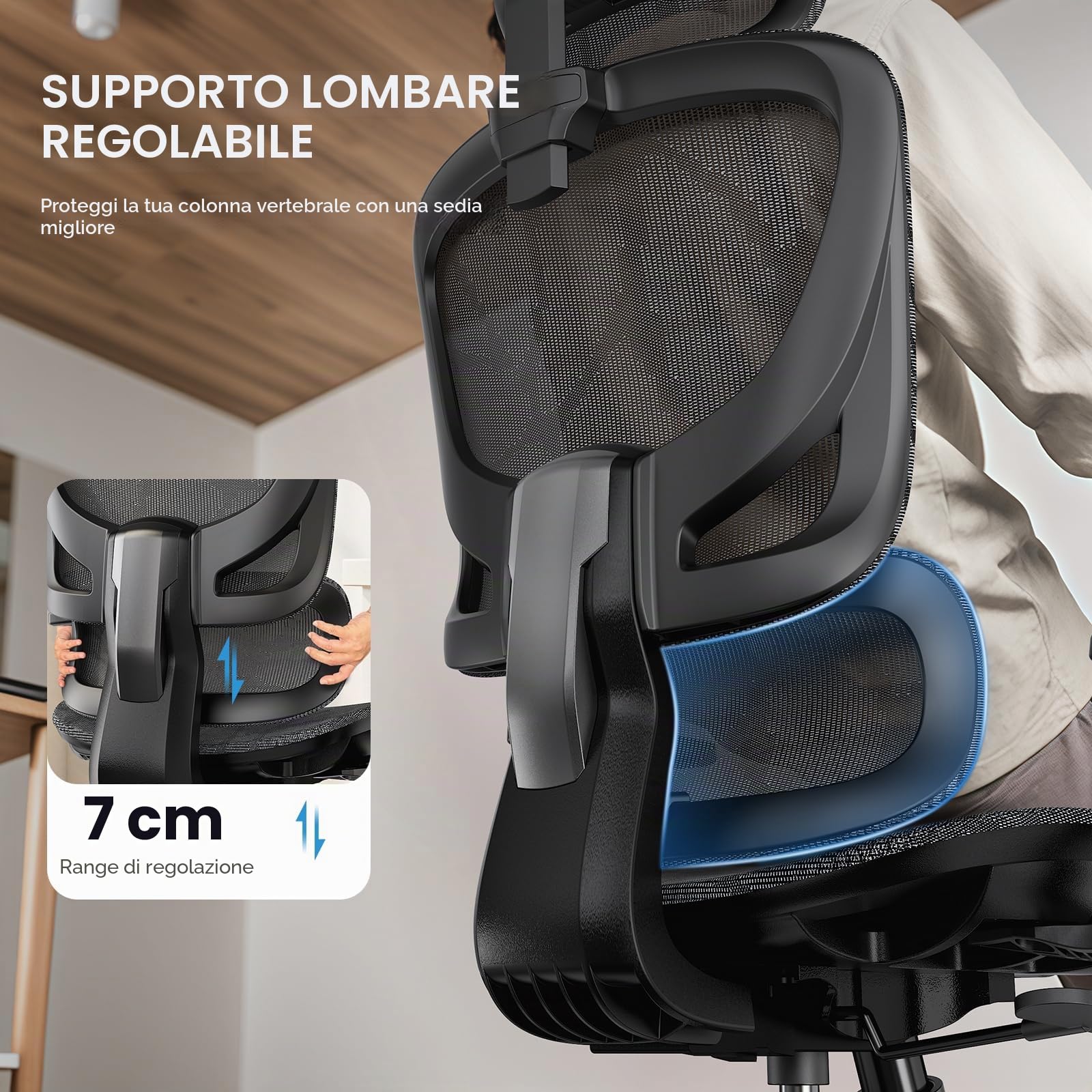 NOBLEWELL - Sedia da ufficio ergonomica con schienale alto, sedia da ufficio in rete con supporto lombare, braccioli 3D, doppio schienale e poggiatesta regolabile
