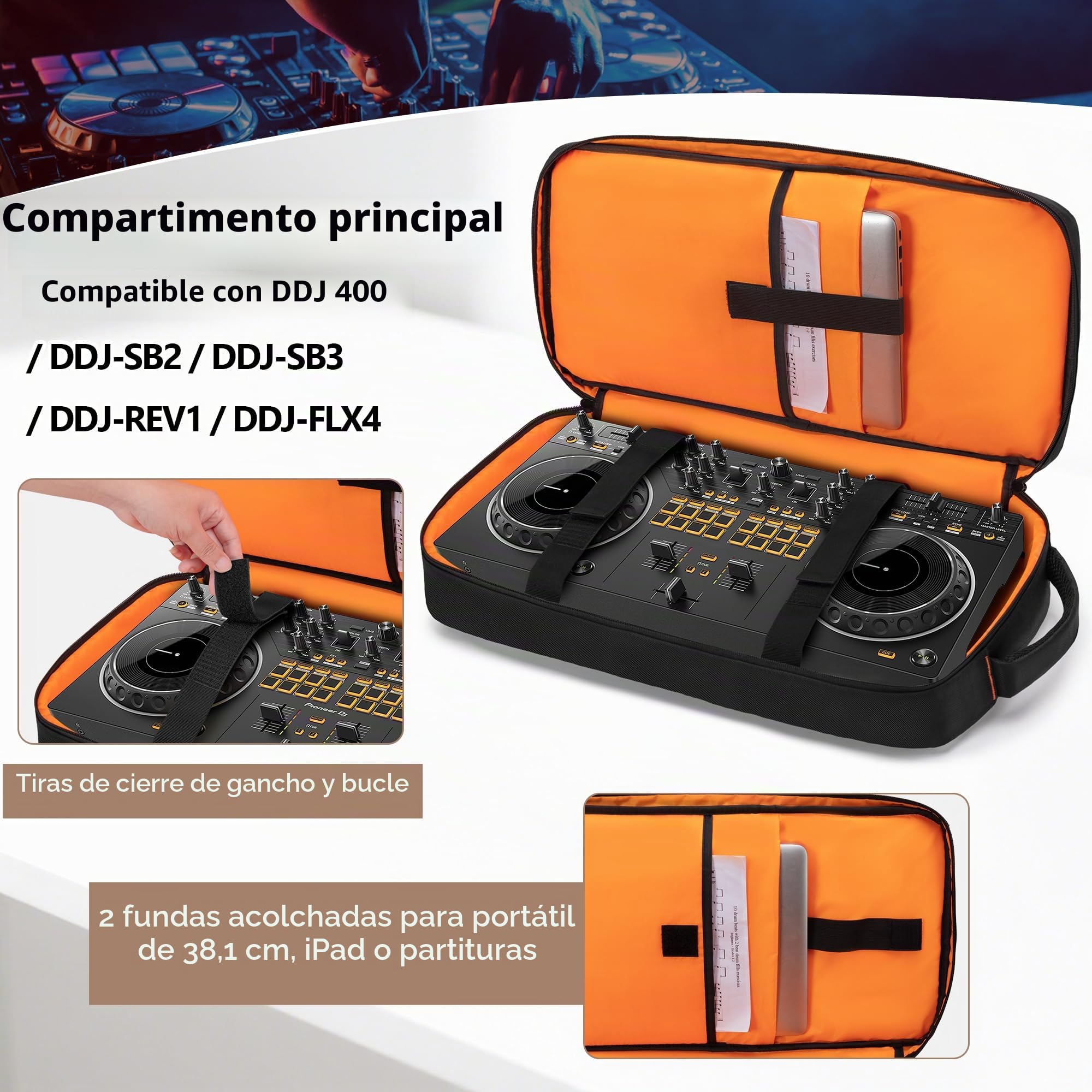 Rexmica Mochila Acolchada para Controladores DJ, Compatible con DDJ 400/DDJ-SB2/DDJ-SB3/DDJ-REV1/DDJ-FLX4, Bolsa con Compartimento para Portátil para Equipos de DJ, Mezcladoras de DJ y Cables