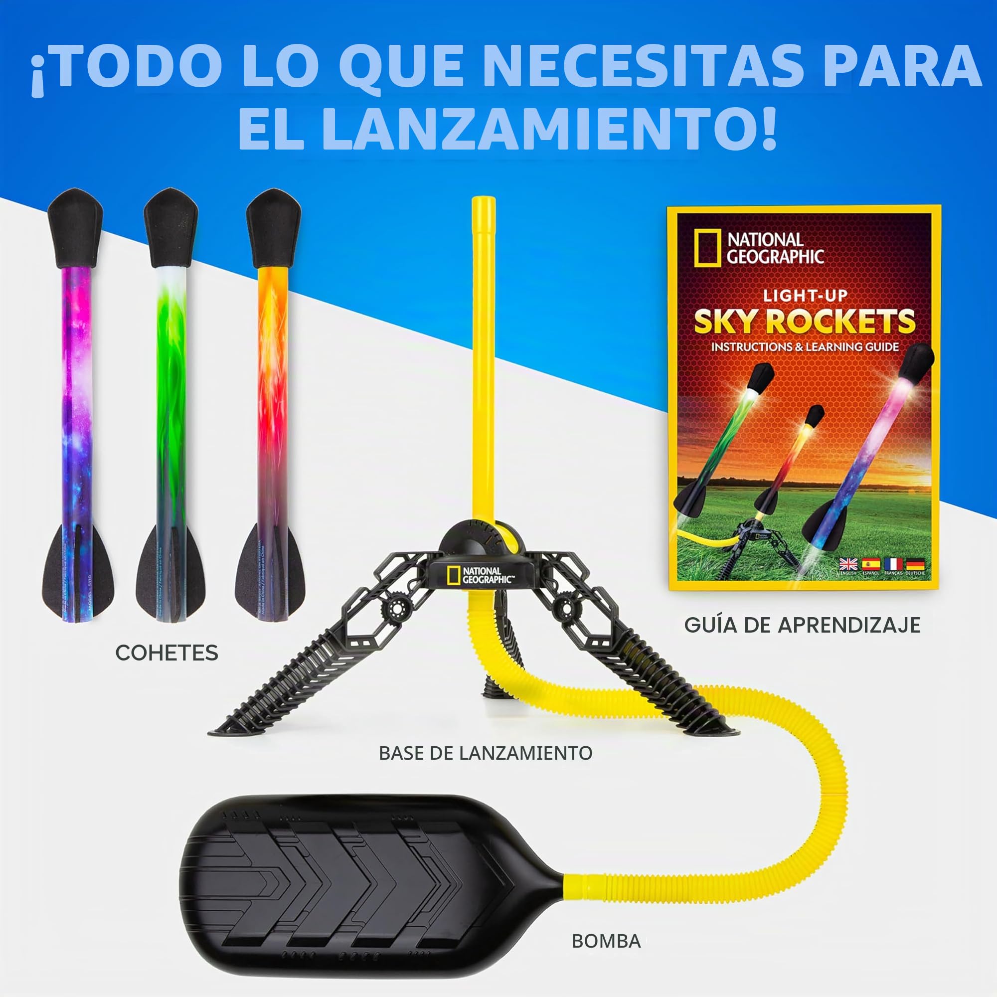NATIONAL GEOGRAPHIC Juguete de Cohete de Aire: Lanzacohetes LED para Niños, Pisotee y Lance Hasta 30,5 Metros los Cohetes, Alimentados por Aire y con Punta de Espuma, Actividad al Aire Libre