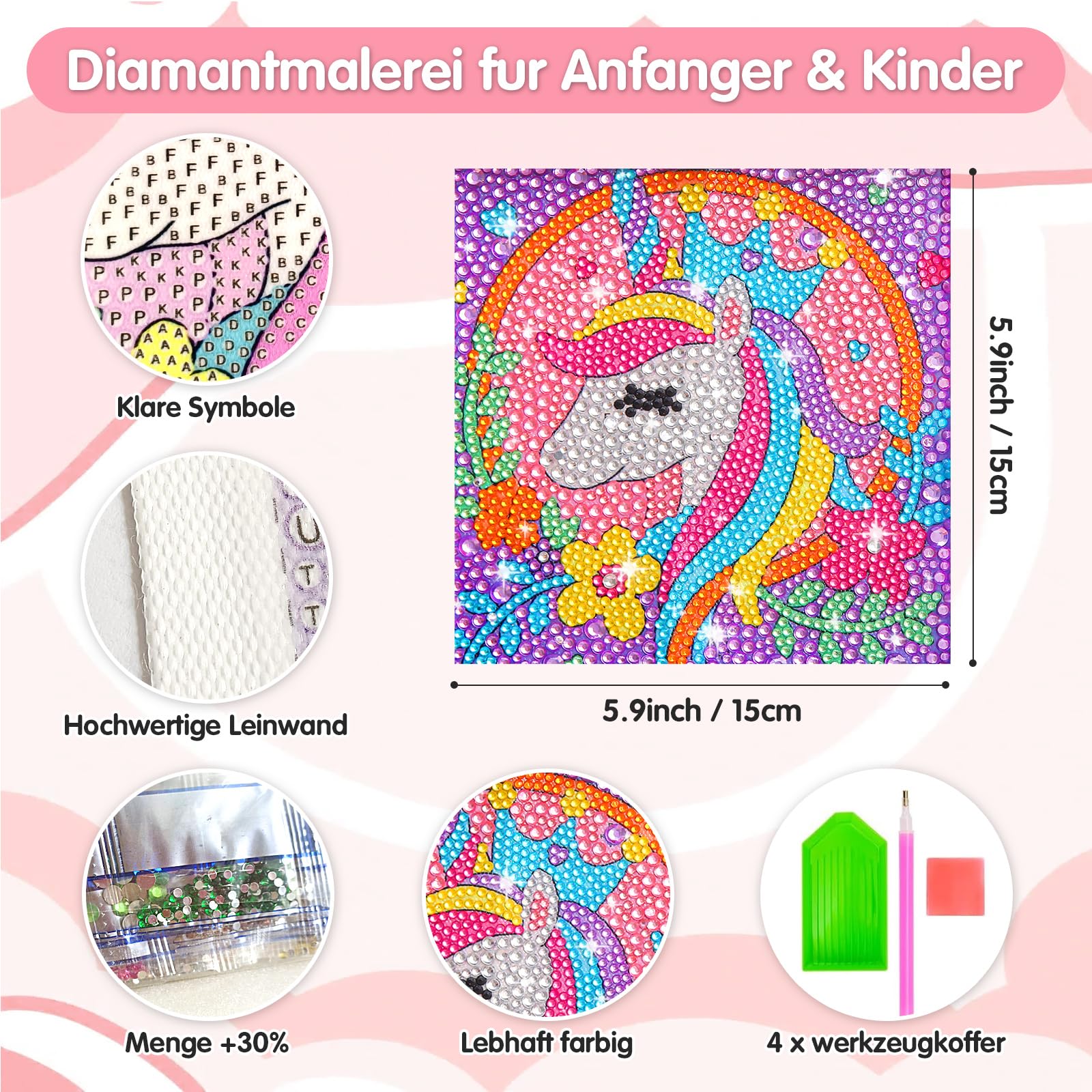 Kit Diamond Painting Per Bambini - 4 Motivi Animali, Facile E Divertente (15x15 Cm) - Foto 7