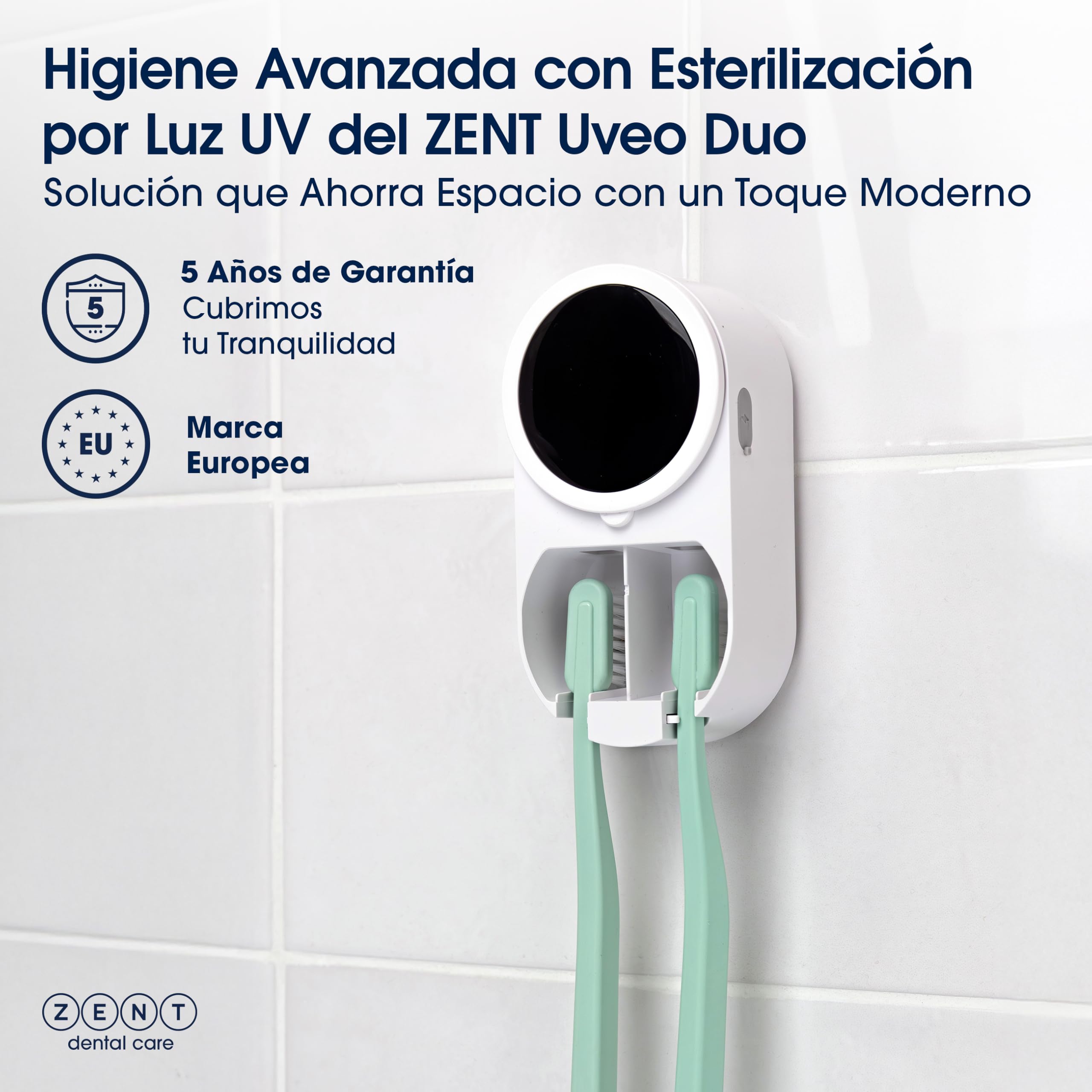 ZENT Esterilizador Cepillo Dientes - Desinfección Doble UV-C y UV-A - Higienizador Cepillo Dientes - Montaje Sin Taladro - Esterilización Automática con Batería 50 Días - Pantalla HD