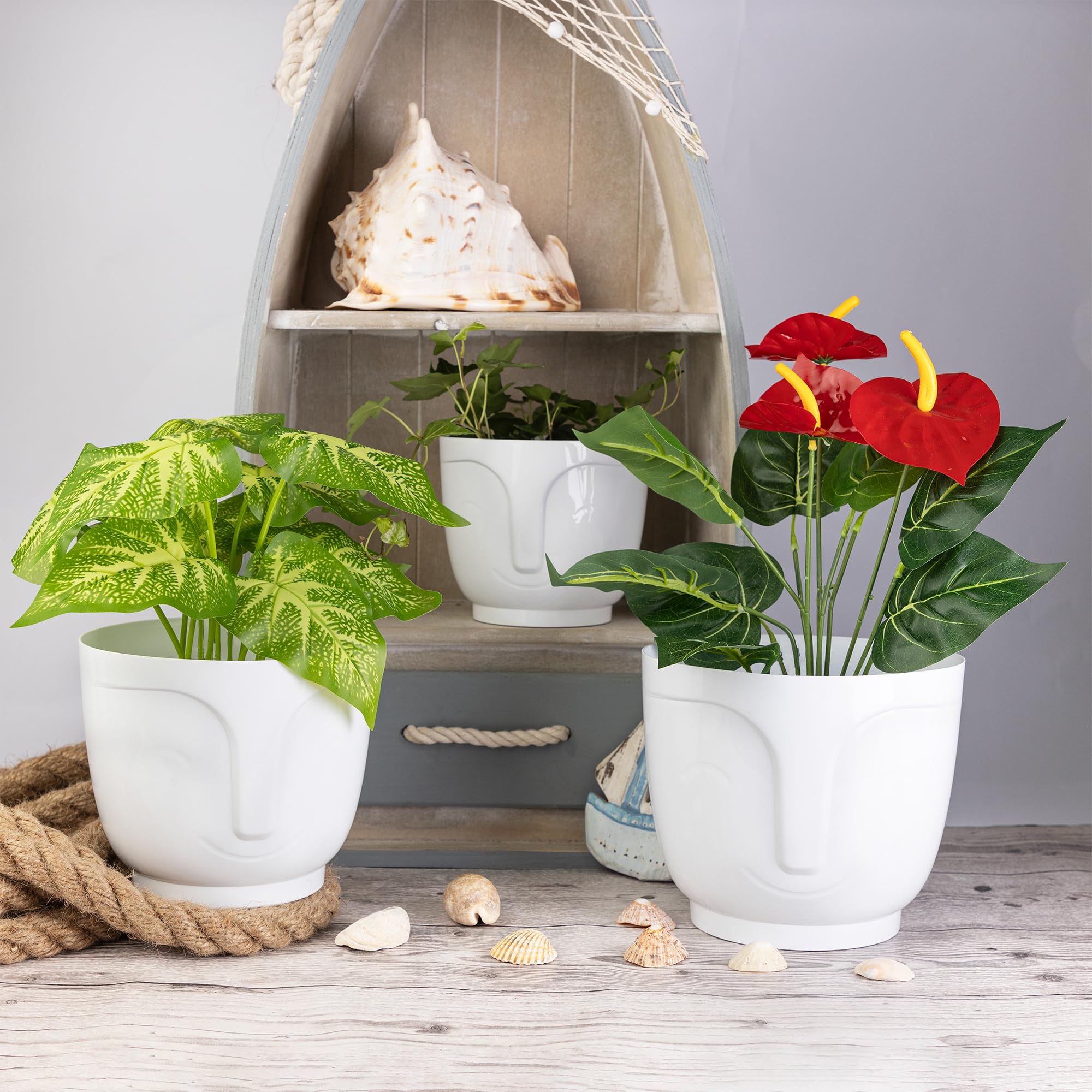 Home Garden Ornaments Plant Pots Indoor - Set of 3 Plastic Decorative Pots 14/16/18 cm, Smiling Face Pattern (White) - Image 3