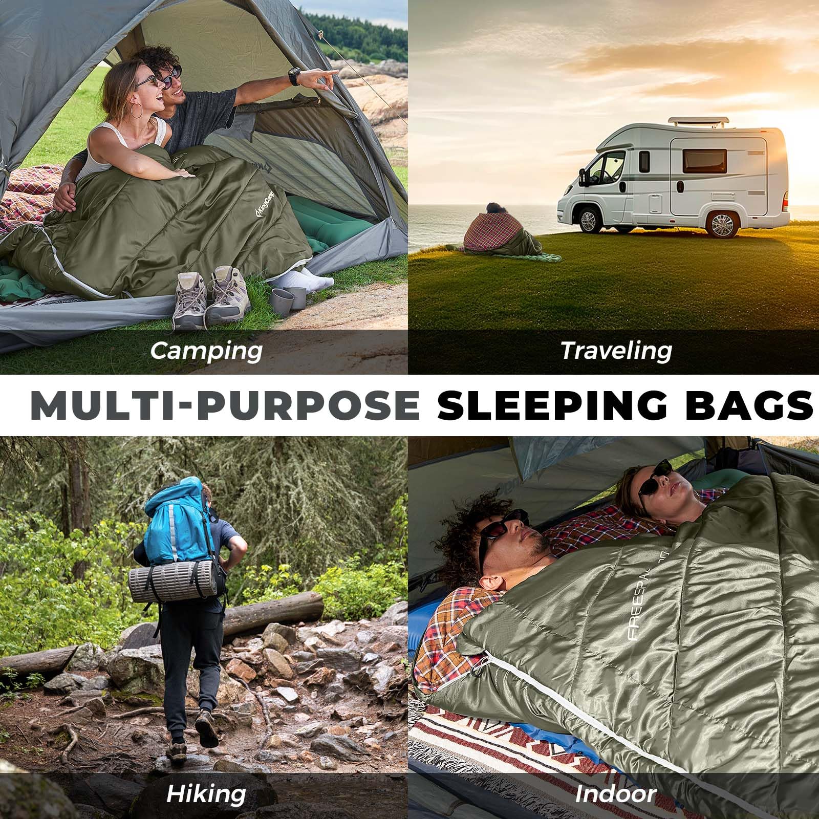 KingCamp Sac de couchage double pour adultes, grand lit, 2 personnes, sac de couchage en flanelle, léger, imperméable, avec 2 oreillers et sac de compression pour couples et famille, camping, gris