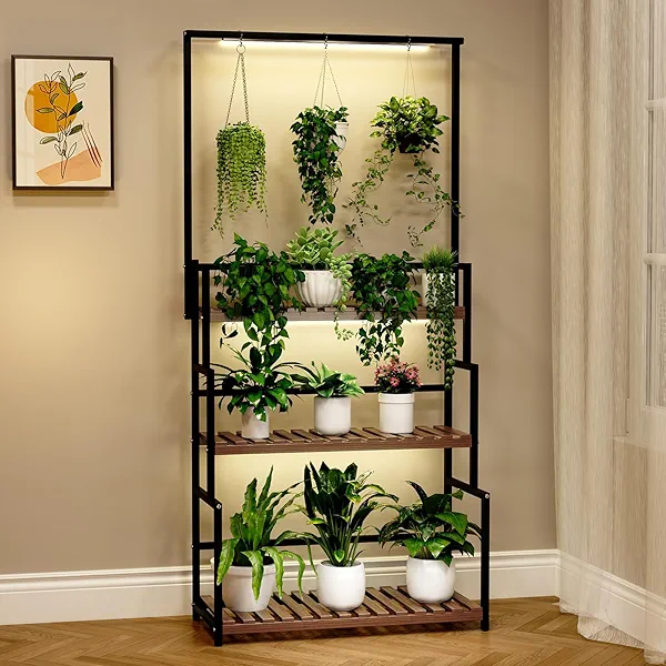 Nedechom Hanging Plant Stand with Grow Light, 3 Tier Metal Plant Stand for Indoor Plants Multiple, Large Plant Shelf Display Holder, Ladder Shape Plant Rack for Living Room, Patio, Balcony