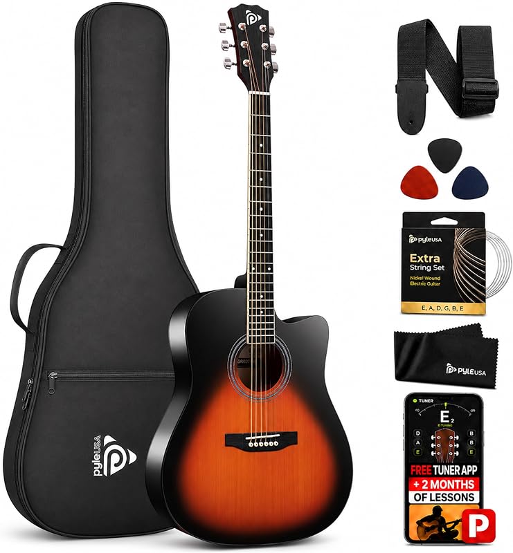 Pyle Steel String Acoustic Guitar Kit, 4/4 Full Size Cutaway All-Wood Guitarra Acustica with Premium Accessory Set and Upgraded Gig Bag, 41" Sunburst Teardrop, Matte