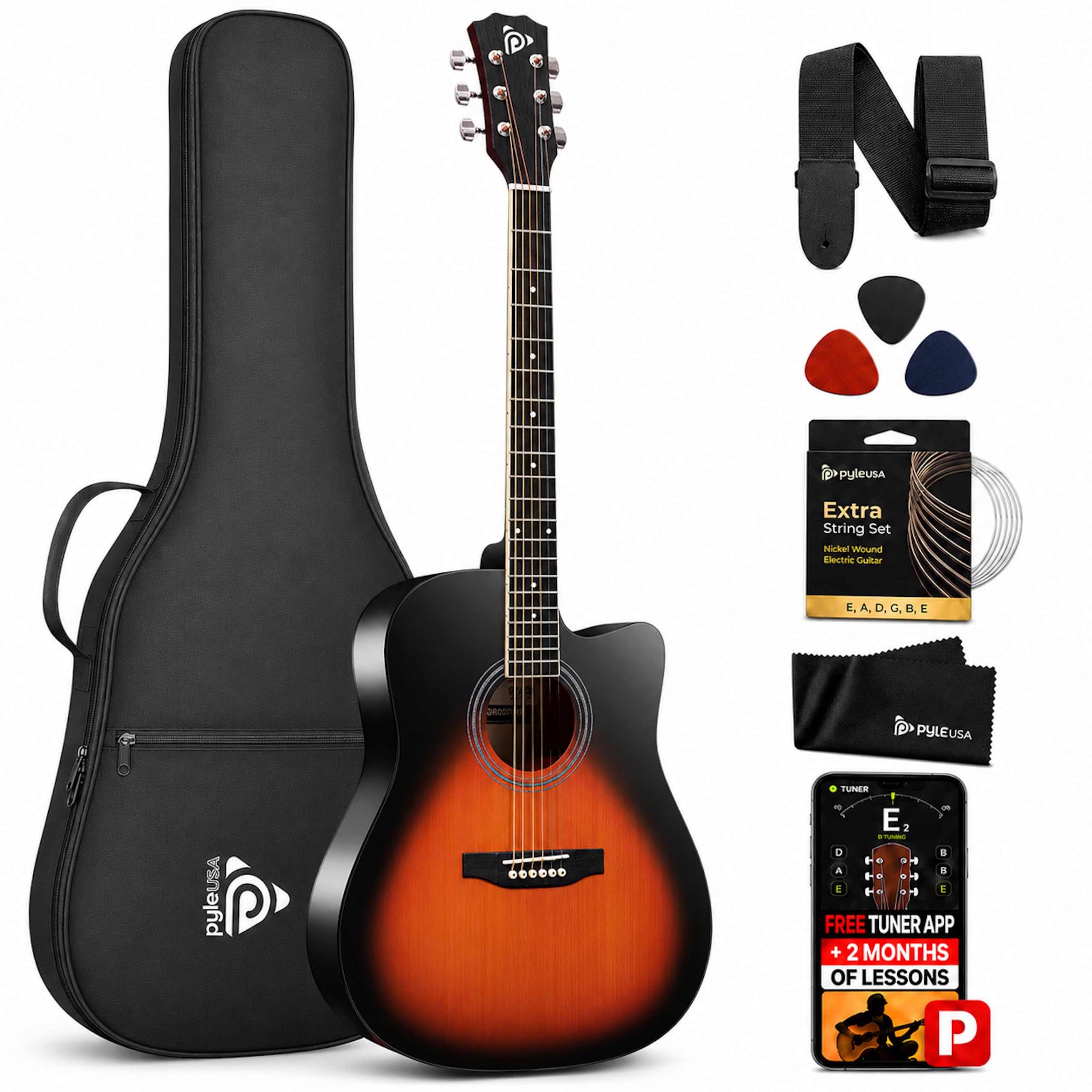Pyle Steel String Acoustic Guitar Kit, 41" Full-Size Cutaway