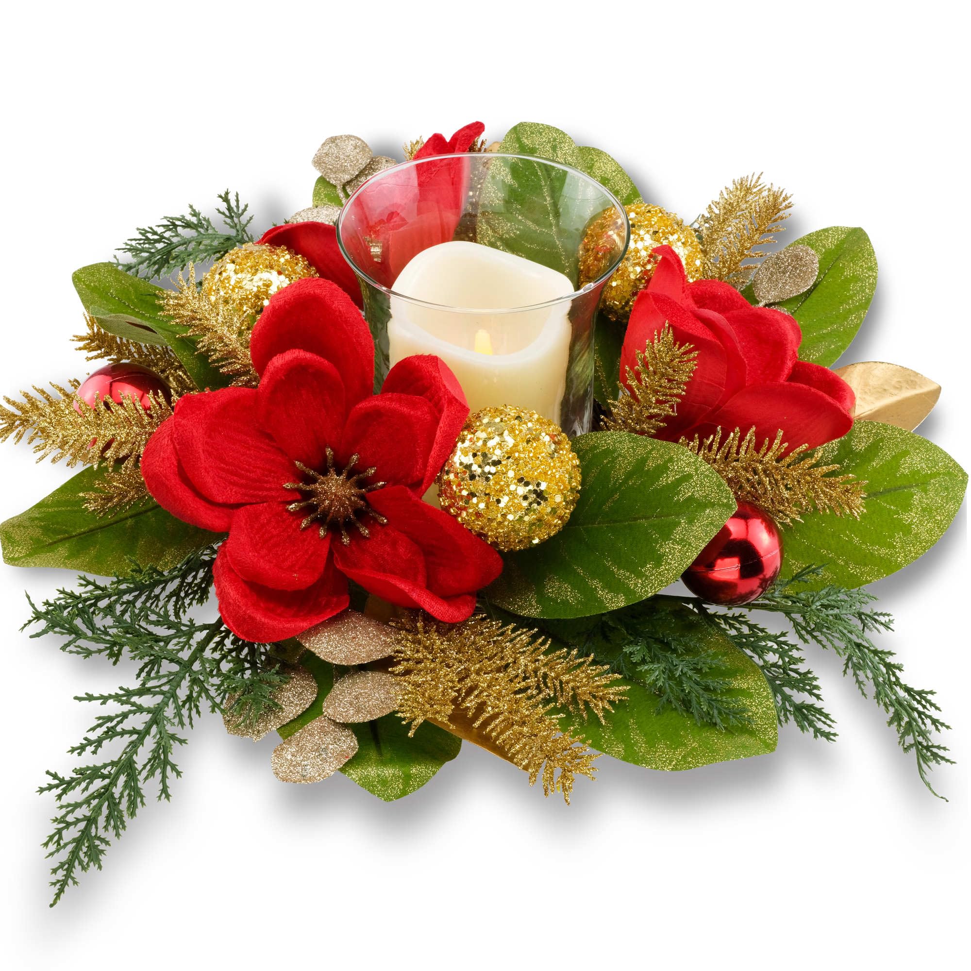 YULETIME 18-in Centerpiece with Flameless LED Candle Holder, Red Magnolia