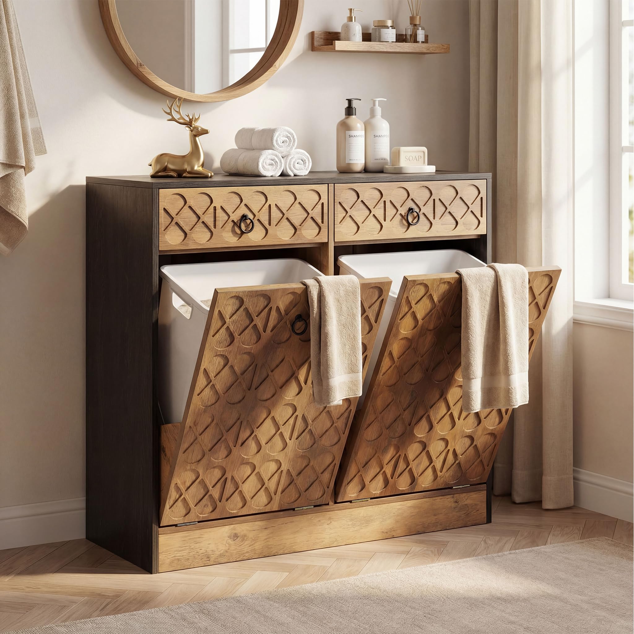 Tribesigns Tilt Out Trash Can Cabinet 10 Gallon Wooden Free Standing Laundry Sorter Cabinet with 2 Drawers Wooden