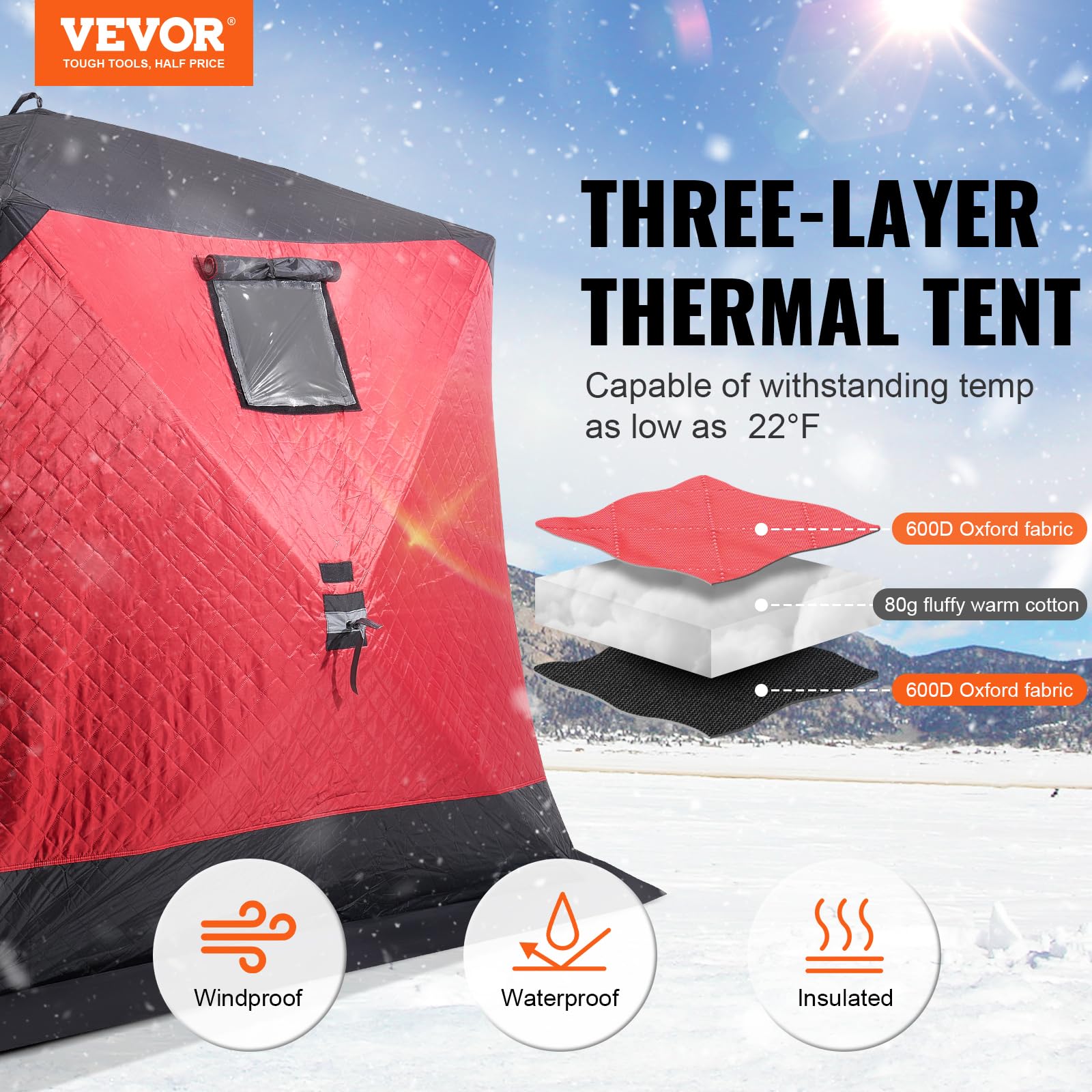 VEVOR Refugio de Hielo Portátil 3,3x3,3x2 m Tienda de Campaña para Pesca en Hielo Emergente para 6-8 Personas Cubo de Hielo de Oxford Impermeable con Anclas/Cuerdas/Bolsa de Transporte, Negro y Rojo