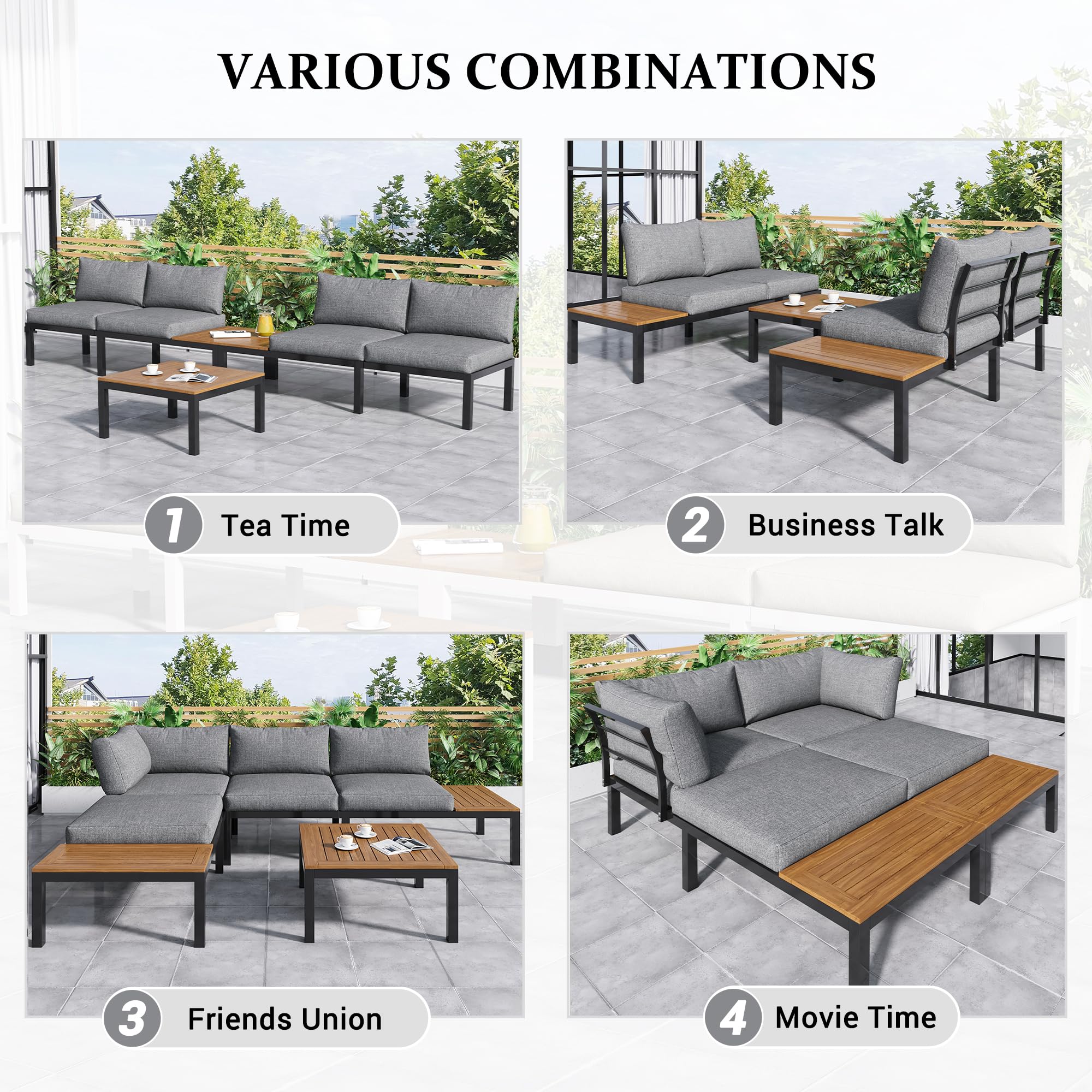 Juego de salón de jardín de 4 plazas, sofá cama cómodo con cojines, 2 asientos dobles, 1 mesa + 2 mesas de madera de acacia, estructura de acero galvanizado resistente, impermeable, gris
