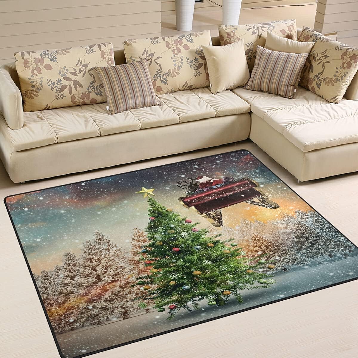 ALAZA Christmas Tree Snowy Santa Claus Non Slip Area Rug 4'10" x 6'8" for Living Dinning Room Bedroom Kitchen Hallway Office Modern Home Decorative