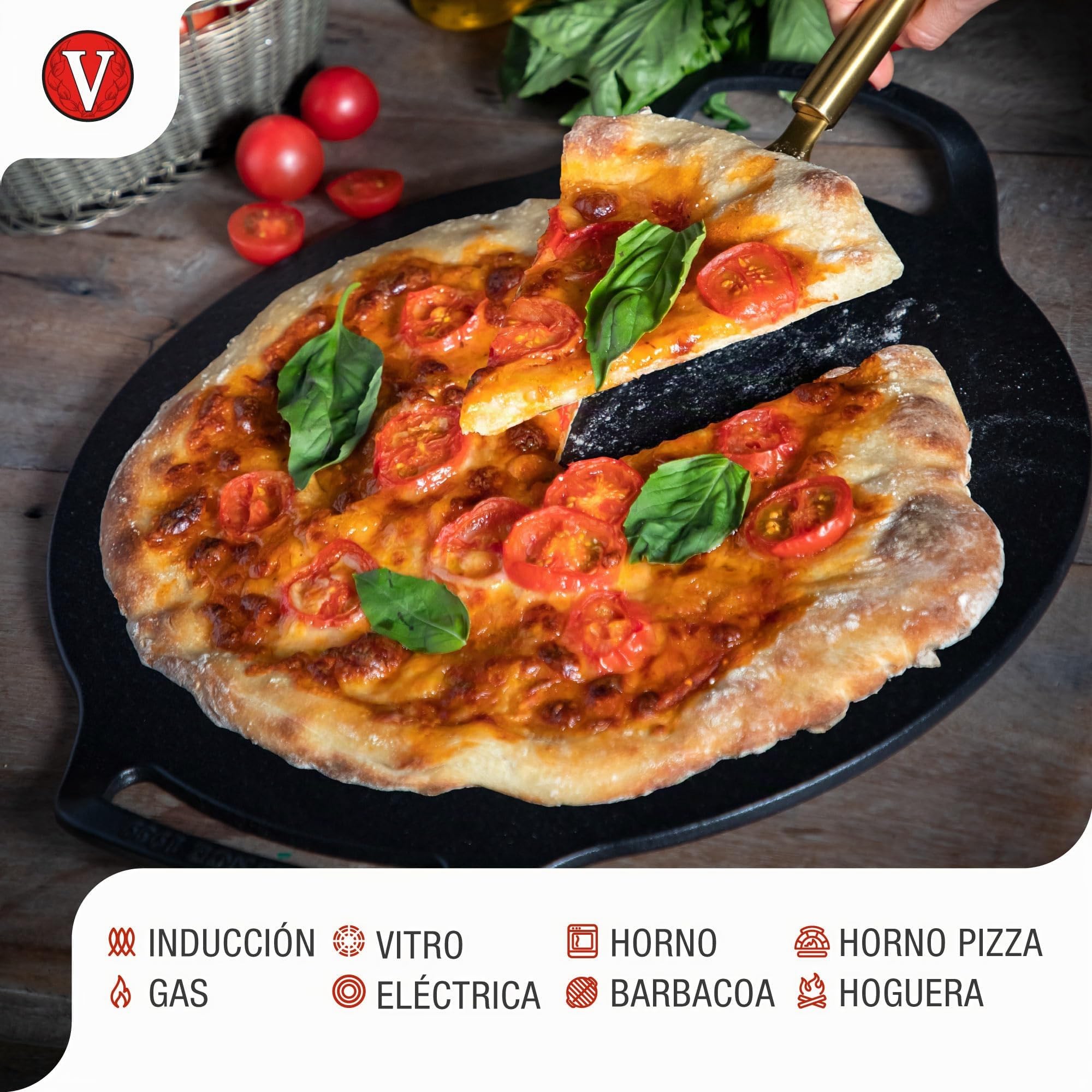 Victoria Plancha Cocina Inducción para Pizza Hierro Fundido Curado, Sartén 38cm con Asas, Fuego, Barbacoa, Horno, Vitrocerámica, Gas, Comal Curada para Antiadherente Libre de Tóxicos sin PTFE
