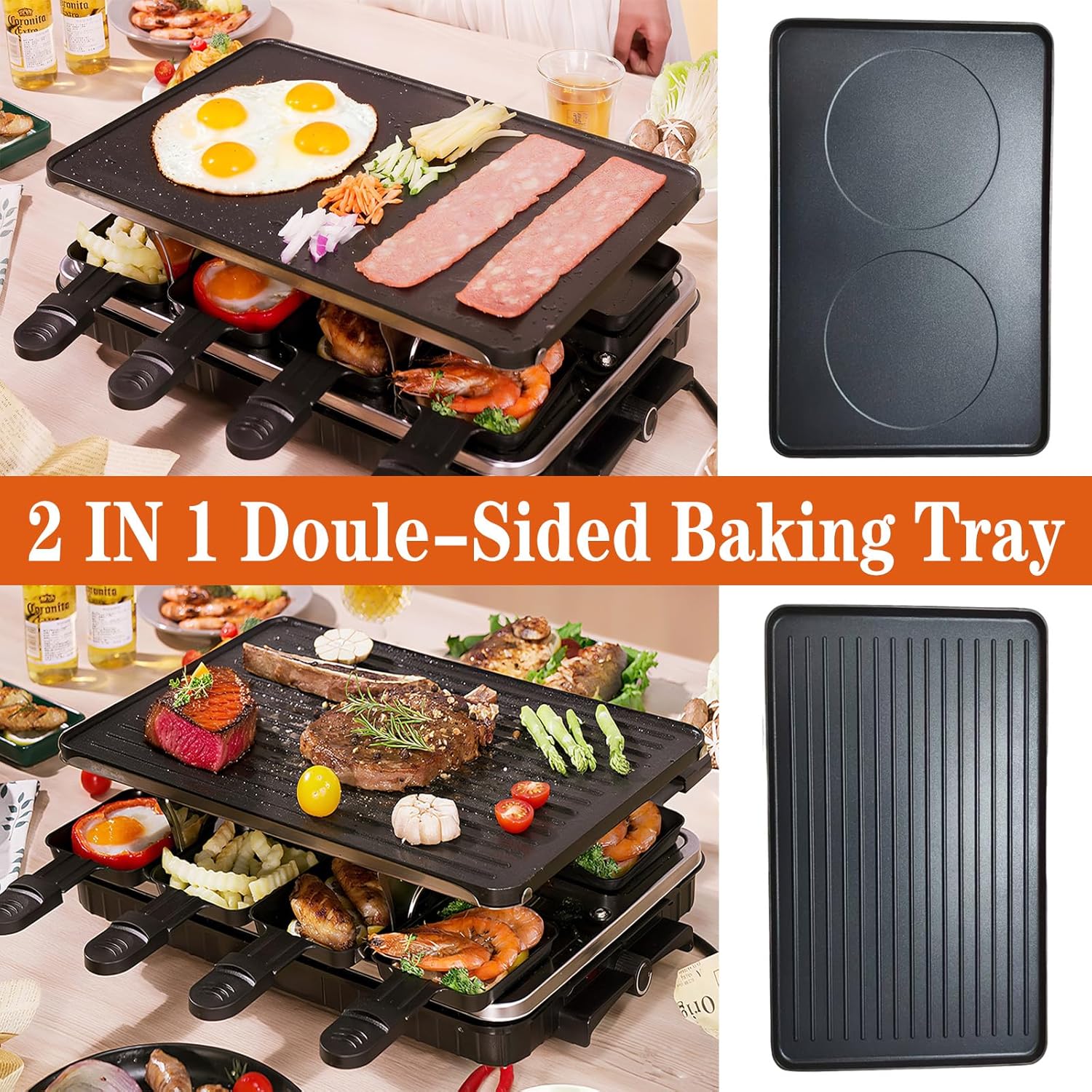 Raclette Grill, Indoor Grills Electric Smokeless Korean BBQ Grill Table, 2 in 1 Electric Griddle Nonstick with 8 Raclette Cheese Pans Adjustable Temperature Control 1300W Ideal for Family & Party Fun