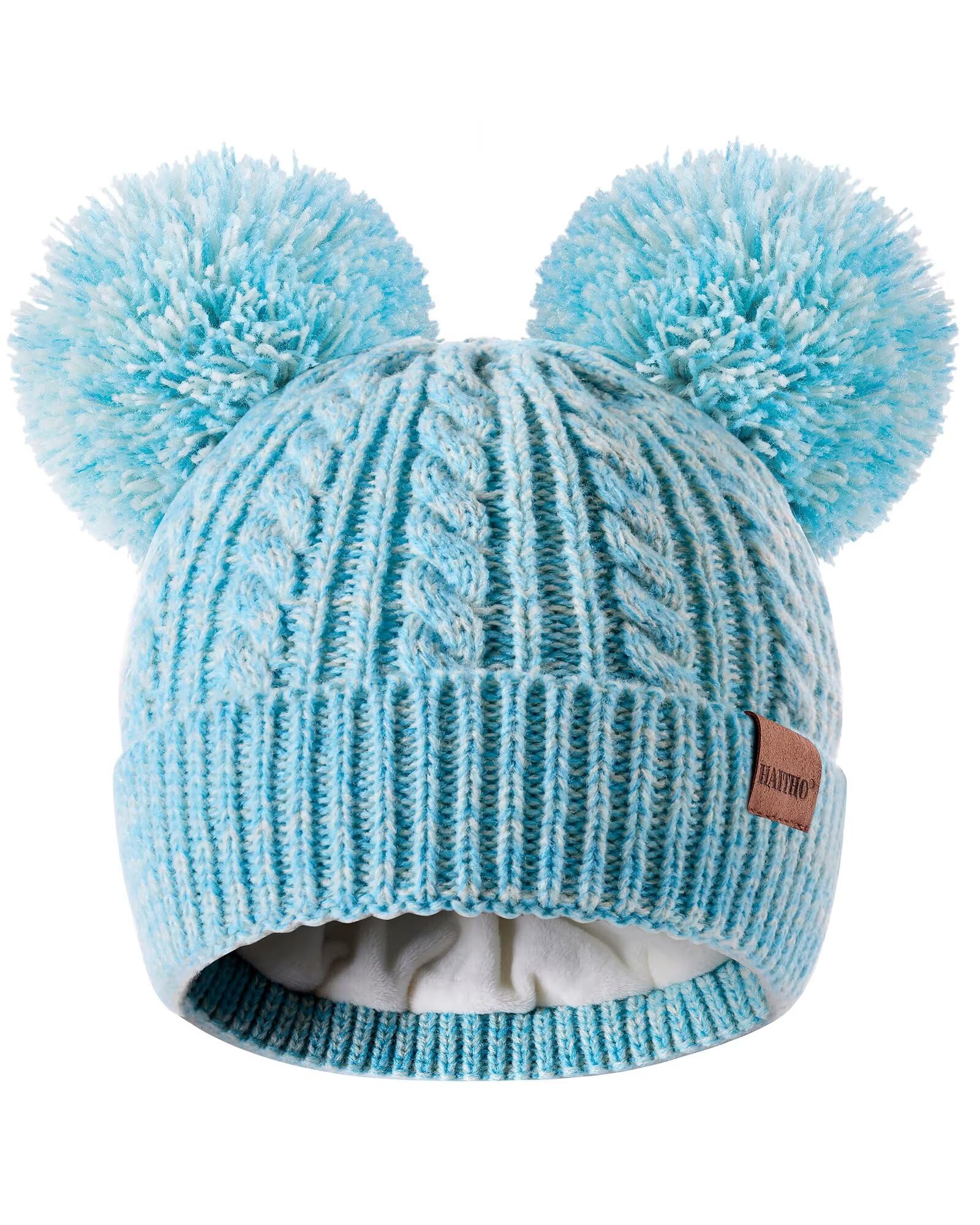 HAITHO Winter Hat for Kids Toddler Children, Girls Beanie with Double Pom Pom Warm Fleece Lined, Girls Accessories Knit Cap