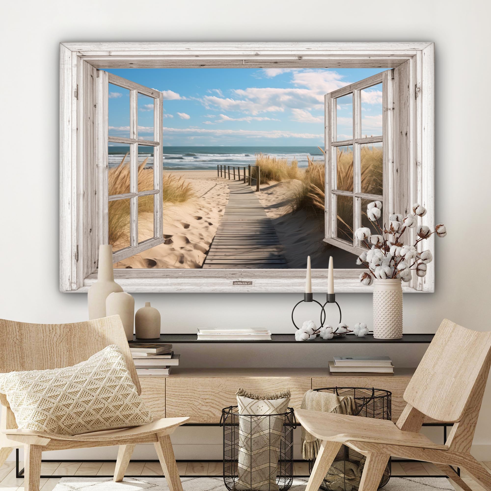 MuchoWow Cuadro En Lienzo - Ventana - Mar - Costa - Naturaleza - vista - Playa - Mar de Wadden - Cuadros Decoracion Salon Modernos 120x80 cm