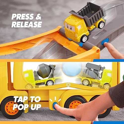 Miniatura 4 de Camiones de juguete extra grandes para niños pequeños, camiones de construcción de 3 capas para niños, camión de carga grande 7 en 1 con sirena y