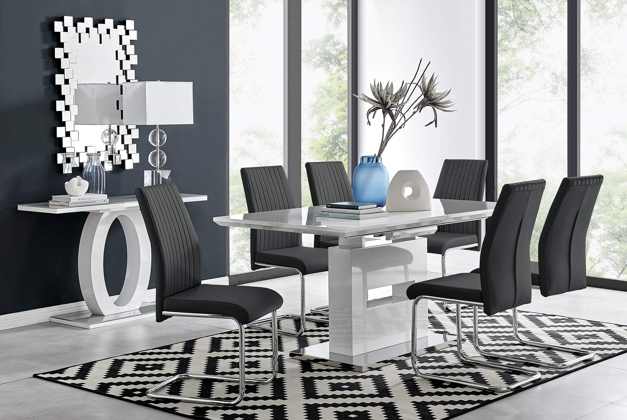 Furniturebox UK Arezzo Large Extending Dining Table and 8 Black Lorenzo Chairs Set