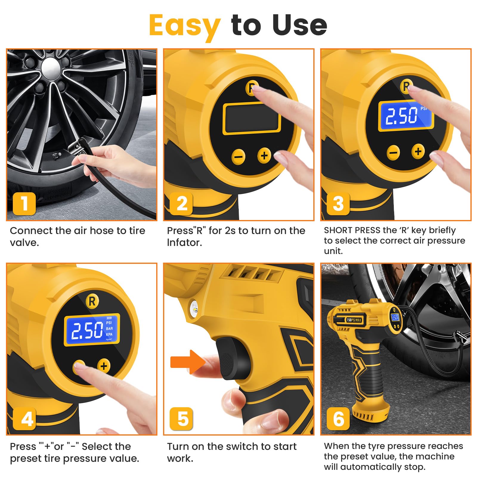 Skeufy Autoreifenfüller Luftkompressor, Tragbare Kabellose Reifenpumpe, 150psi Handheld Autoreifenpumpe mit LED-Licht, USB Wiederaufladbarer Akku, 3 Düsen, Elektrische Luftpumpe für Auto, Motorrad