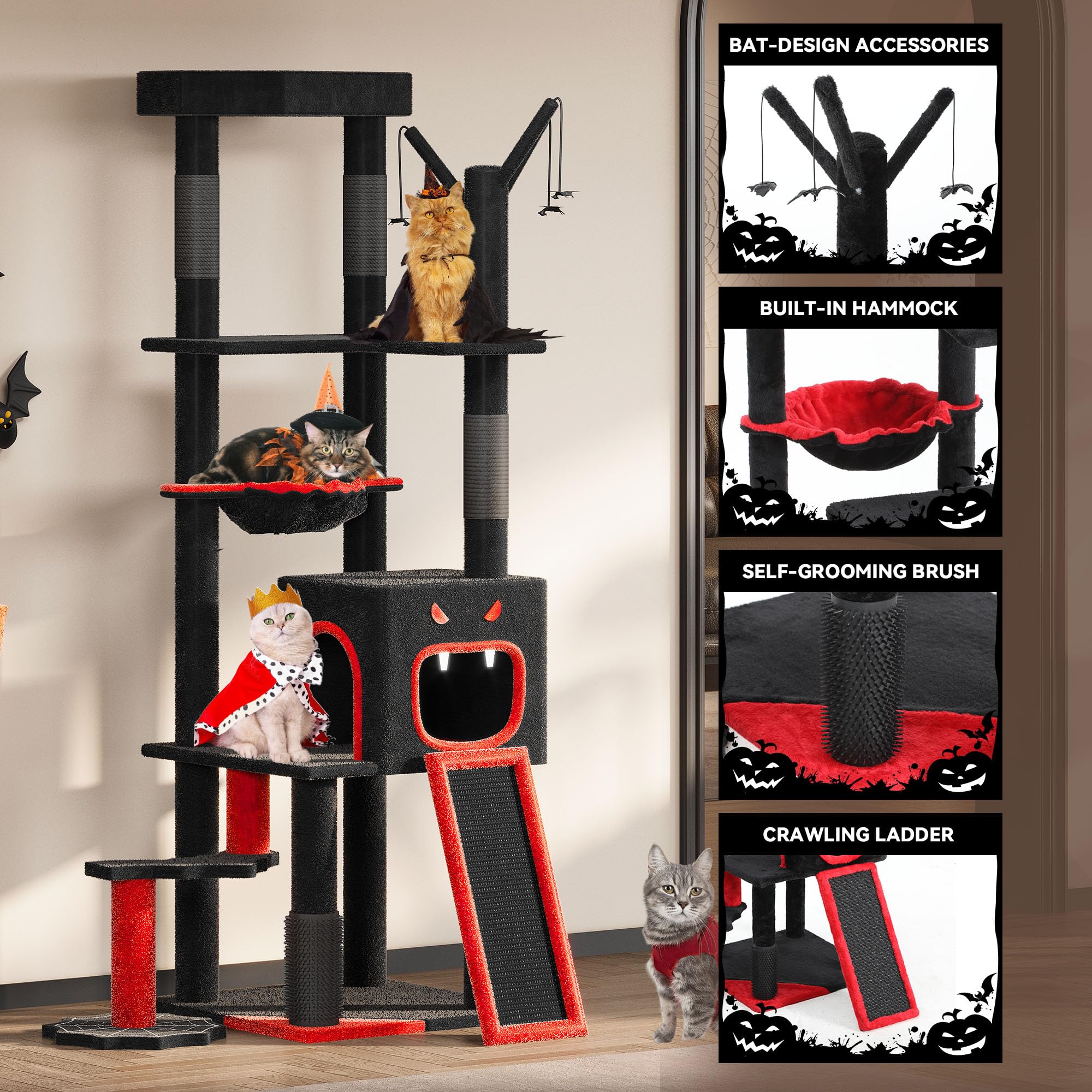 YITAHOME Gothic krabpaal groot, 153 cm hoog, XL grote katten, stabiel met 4 sisalzuilen, 1 krabplank, 1 kattenbed, 1 grappige kattenstok, platformnest, hol, Halloween, zwart