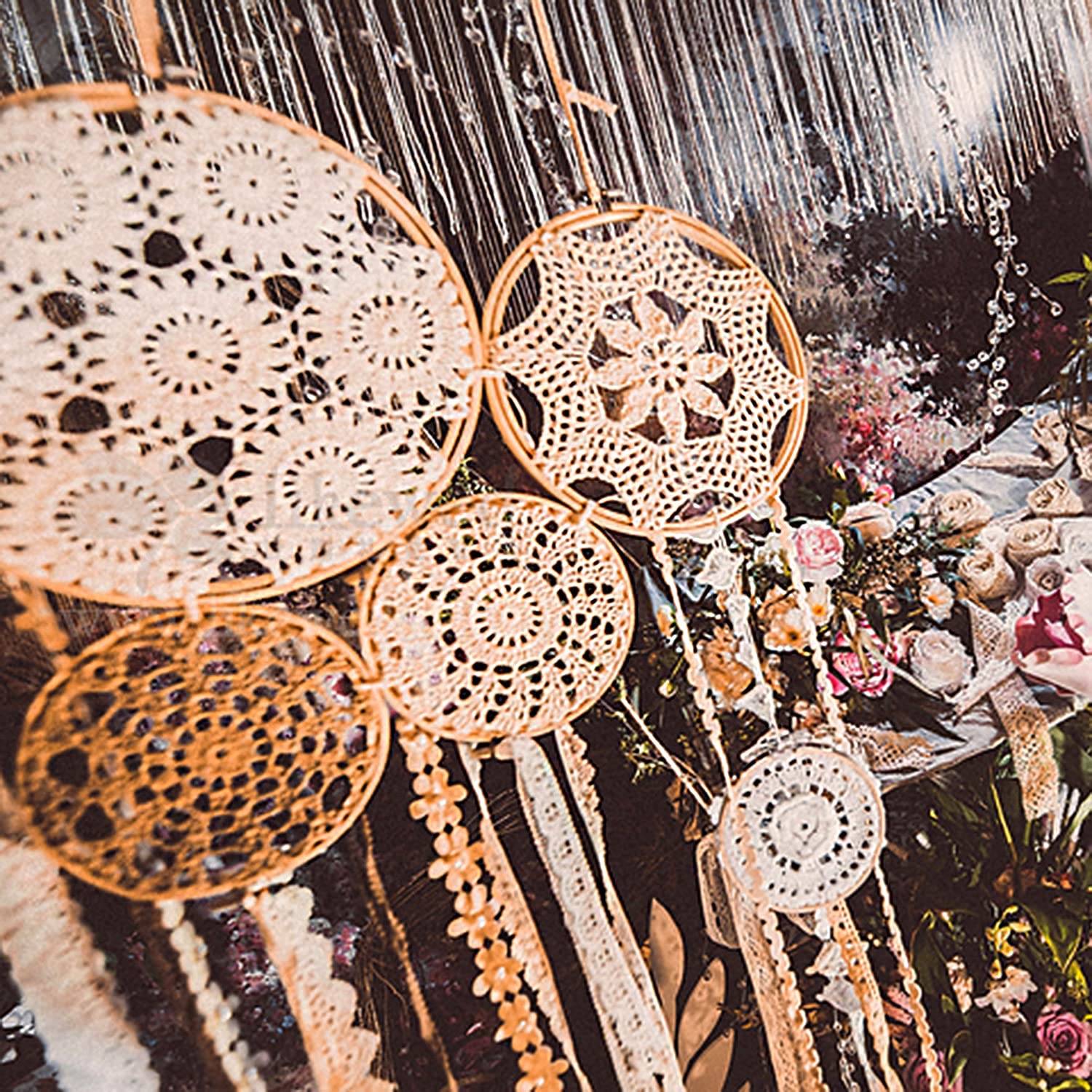 Queta 12 anelli in legno di bambù con motivo floreale in macramè, 12 pezzi, 4 misure, per fai da te, decorazione per matrimonio, decorazione per la decorazione di ghirlanda
