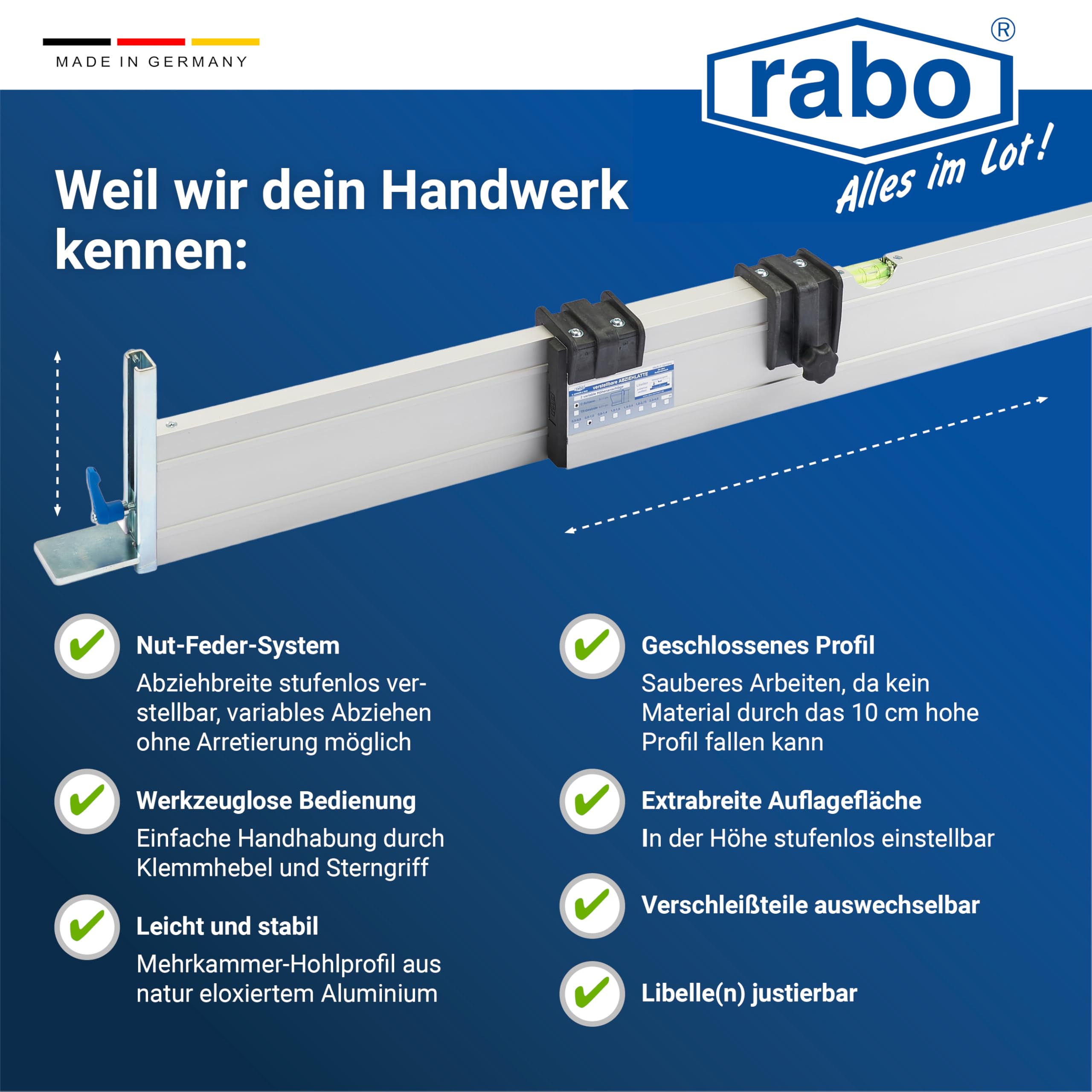 RABO Abziehschiene 2,30–4,00 m stufenlos verstellbar | zum Abziehen und Planieren von Splitt, Kies & Sand im Garten- und Landschaftsbau | mit 2 verstellbaren Höhenanschlägen C-Schiene (0–11 cm) | Alu