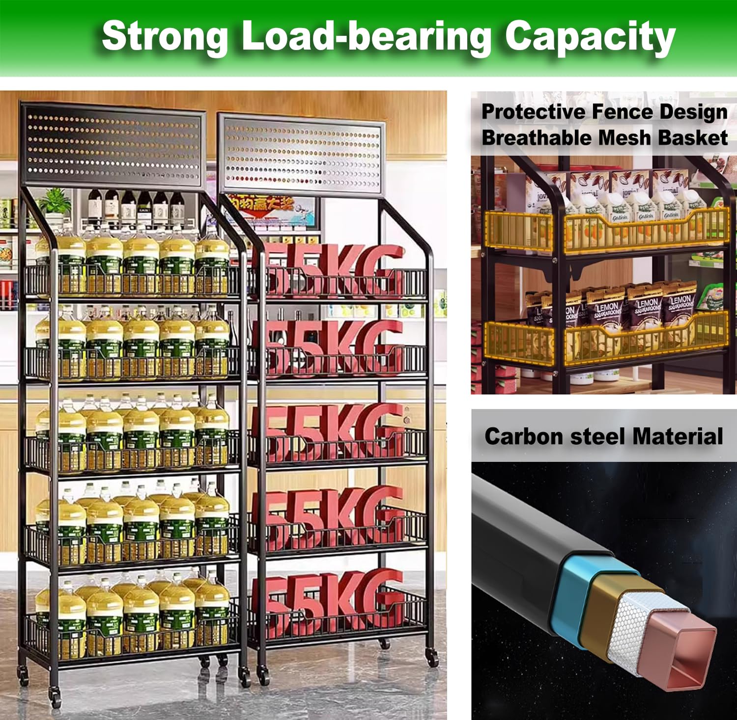 Scaffale per Snack a 5 Livelli del Supermercato, Mensole in Metallo con Ruote, Organizzatore di Snack da Pavimento per Negozi, Supermercati e Cucine, 15 Ganci