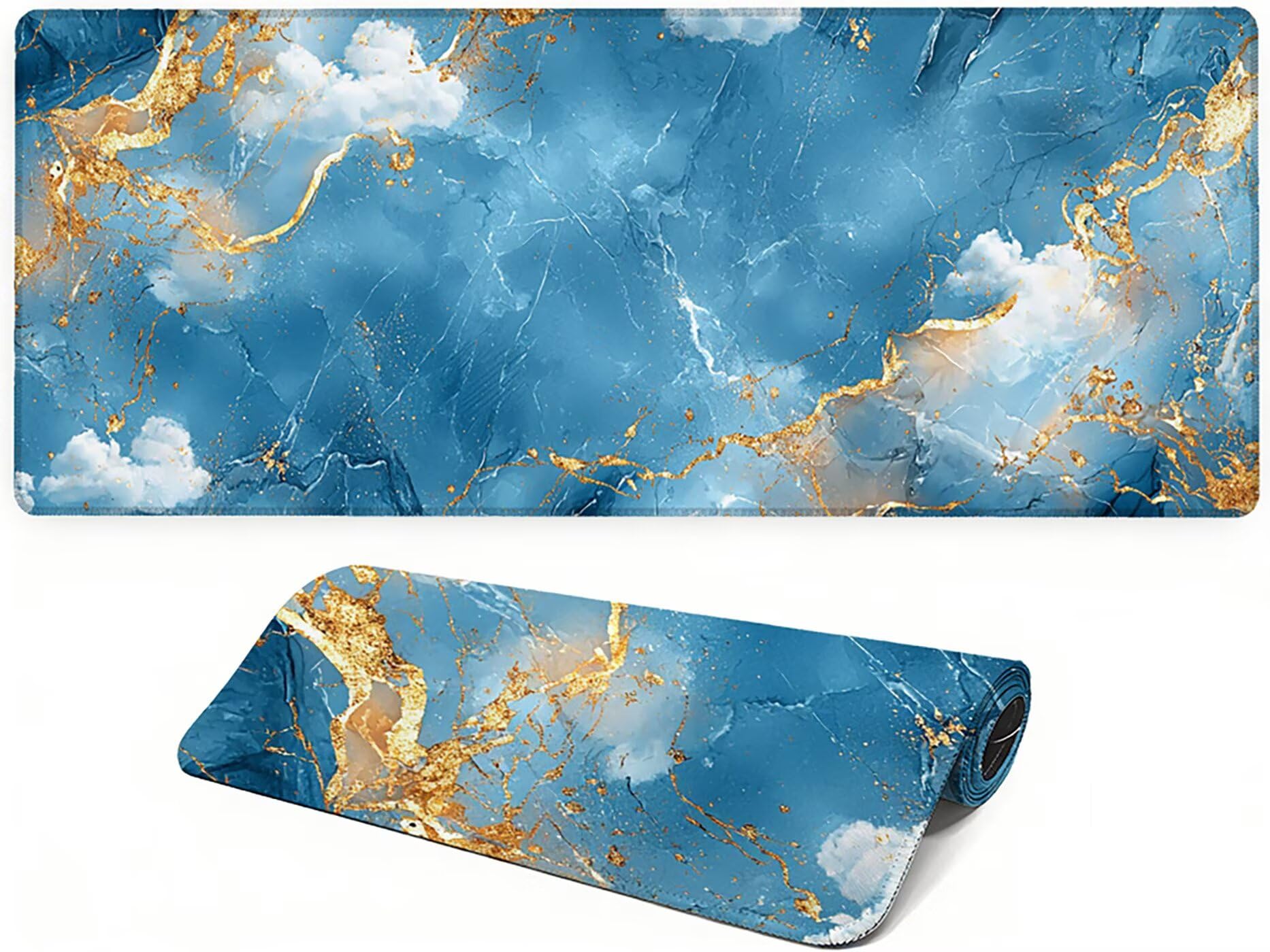 Lpfieonn Marmormuster Großes Schreibtischunterlage, XXL Schreibtischunterlagen, Blau XXL Wasserdicht Gaming Mousepad mit Vernähter Rand und Rutschfeste Gummibasis, für Hause/Büro 120x60cm PF-2451
