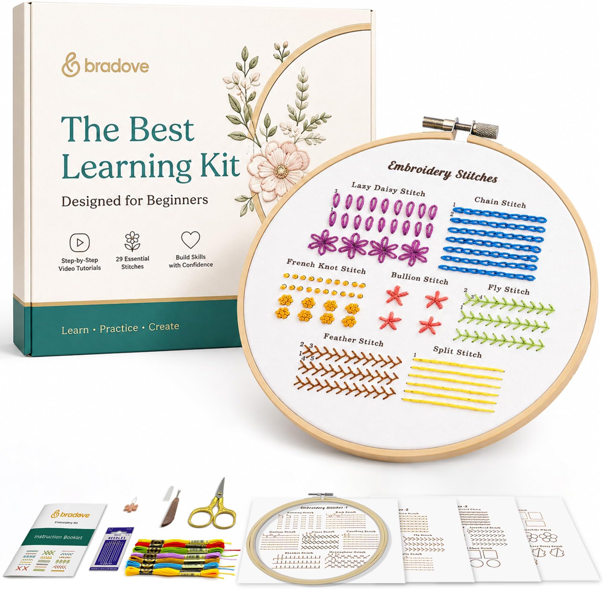 4 Set Embroidery Stitches Practice Kit, Embroidery Kit for Beginners with Embroidery Patterns, Beginner Embroidery Kit, Crewel Embroidery Kits for Adults, Hand Embroidery Kit, Embroidery Kit for Kids