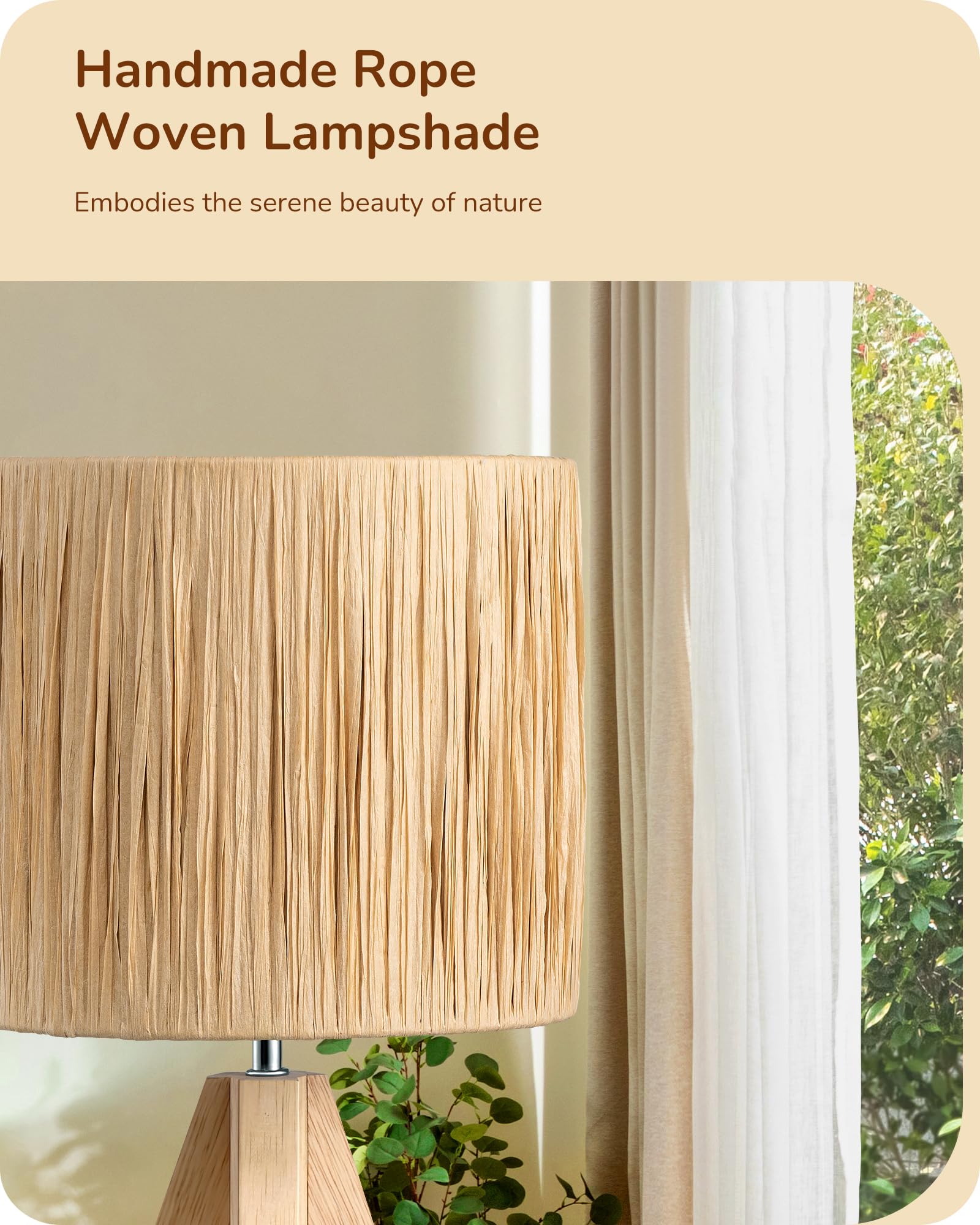 EDISHINE Small Rattan Table Lamp, Rustic Wood Tripod Bedside Lamp, Wrinkled Paper Lampshade - Image 3