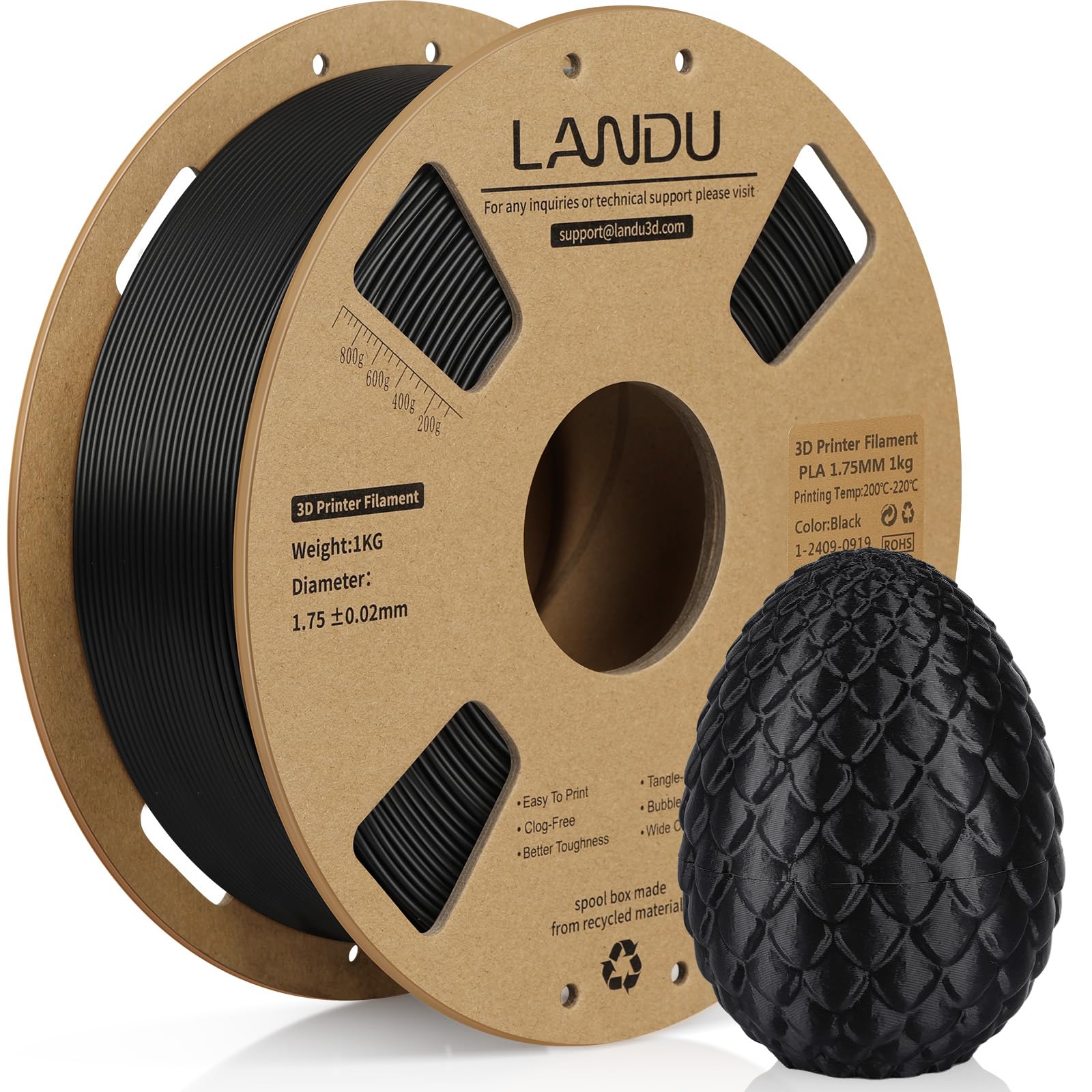 LANDU PLA Filament 1.75mm 1KG 3D Printer Filament Black PLA Dimensional Accuracy +/- 0.02mm Filament 3D Printing Materials 2.2lbs Cardboard Spool for Most 3D Printers