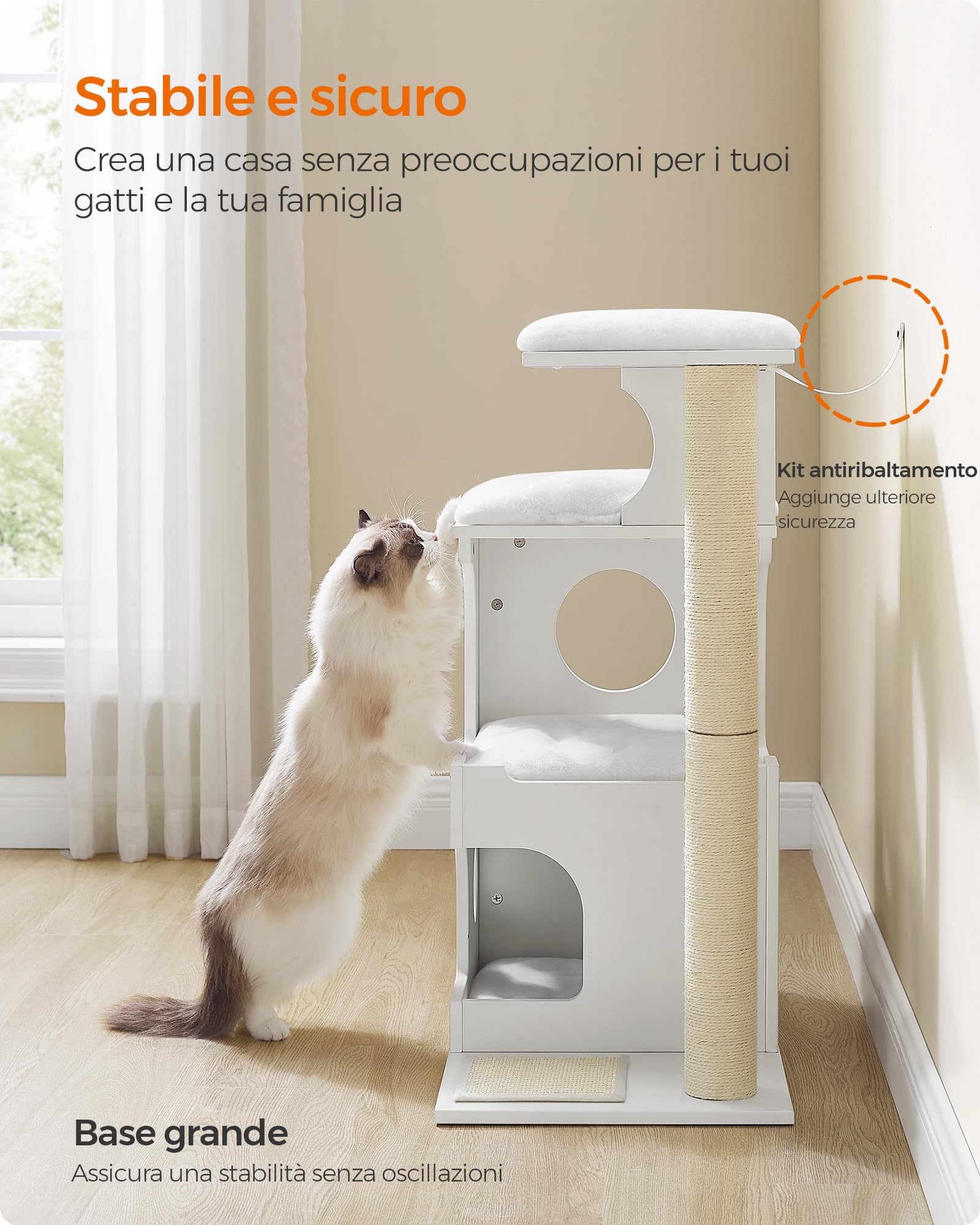 Feandrea Tiragraffi, Albero per Gatti di Truciolato Alto 86 cm, con Grotta, Posatoi, Colonna e Tappeto Graffiatoio in Sisal, Lavabili Tappeti in Pelliccia Sintetica, Bianco Nuvola PCT070W01
