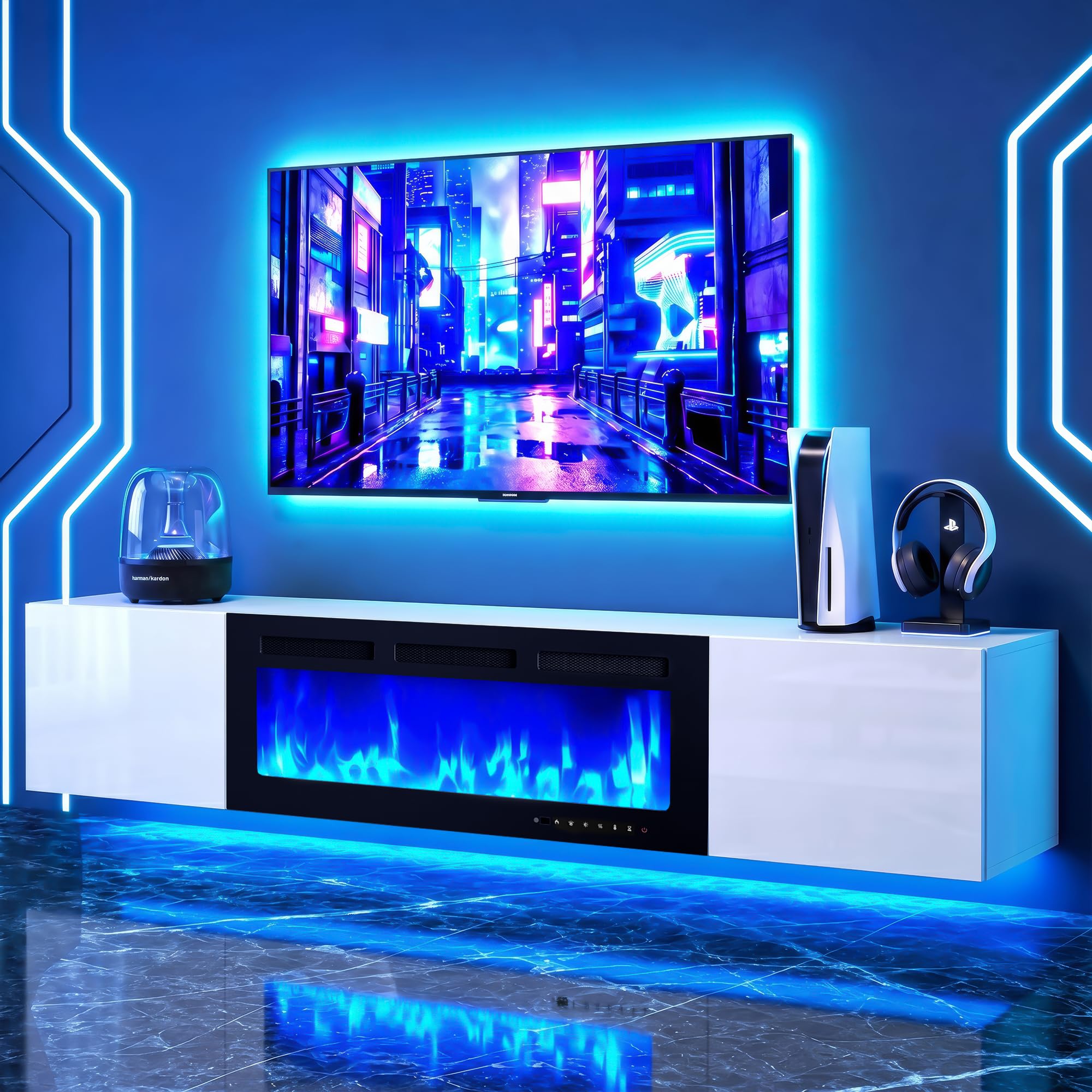 Photo 1 of **INCOMPLETE** OneBlis 80" Floating TV Stand, Wall-Mounted Entertainment Center with 40" Electric Fireplace, Fits TVs Up to 90 Inches, Media Console with LED Lights for Living Room, White+Black