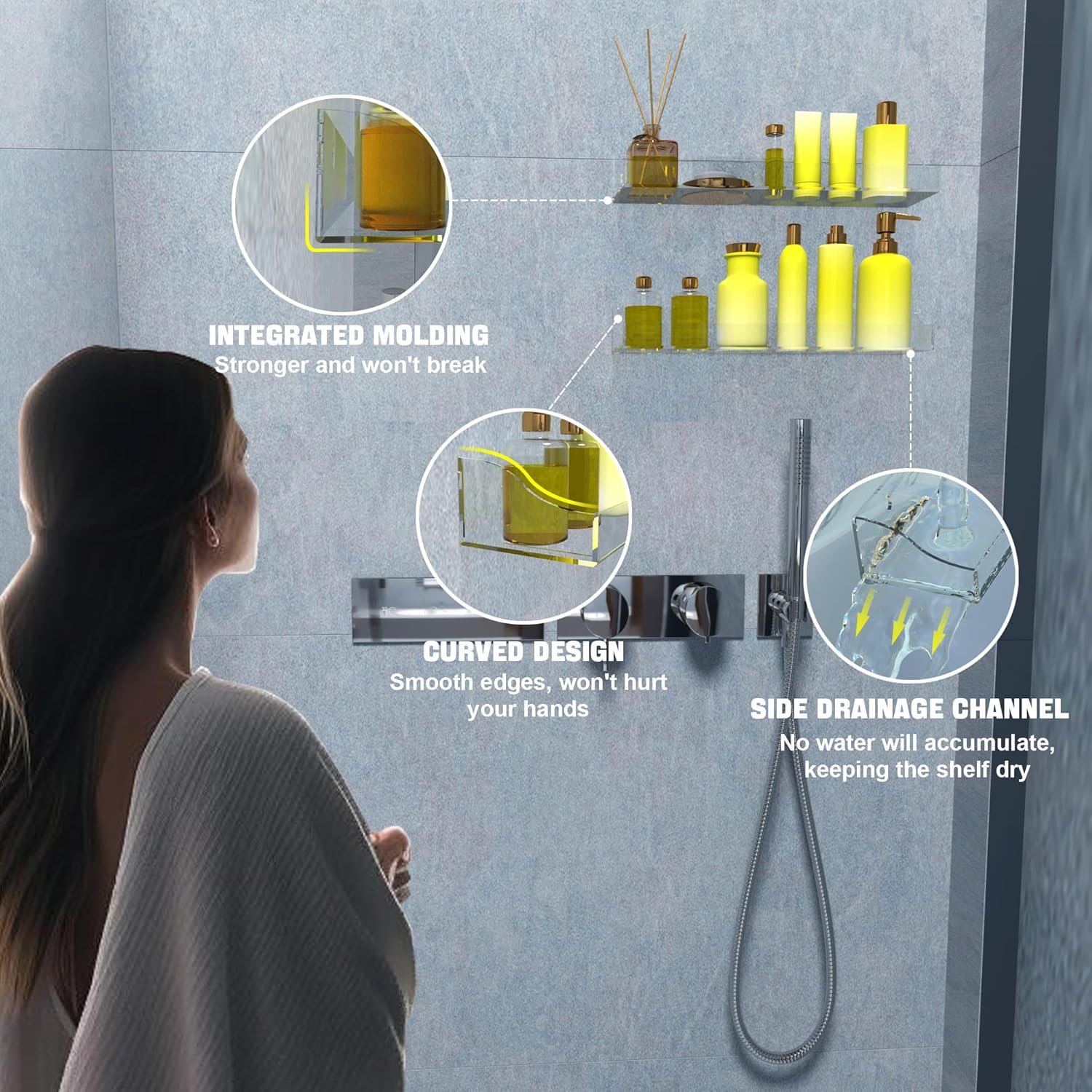 Acrylic Bathroom Shelves Adhesive, 2 Pack Self Adhesive Clear Shower Shelves Transparent Floating Shelf Wall Mounted Thick Storage Rv Accessories Display No Drill Organization Decor
