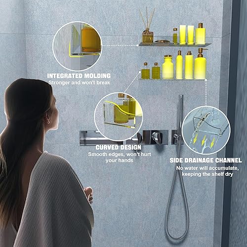 Miniatura 3 de Estantes de baño acrílicos adhesivos, paquete de 2 estantes de ducha transparentes autoadhesivos, estantes flotantes transparentes montados en la