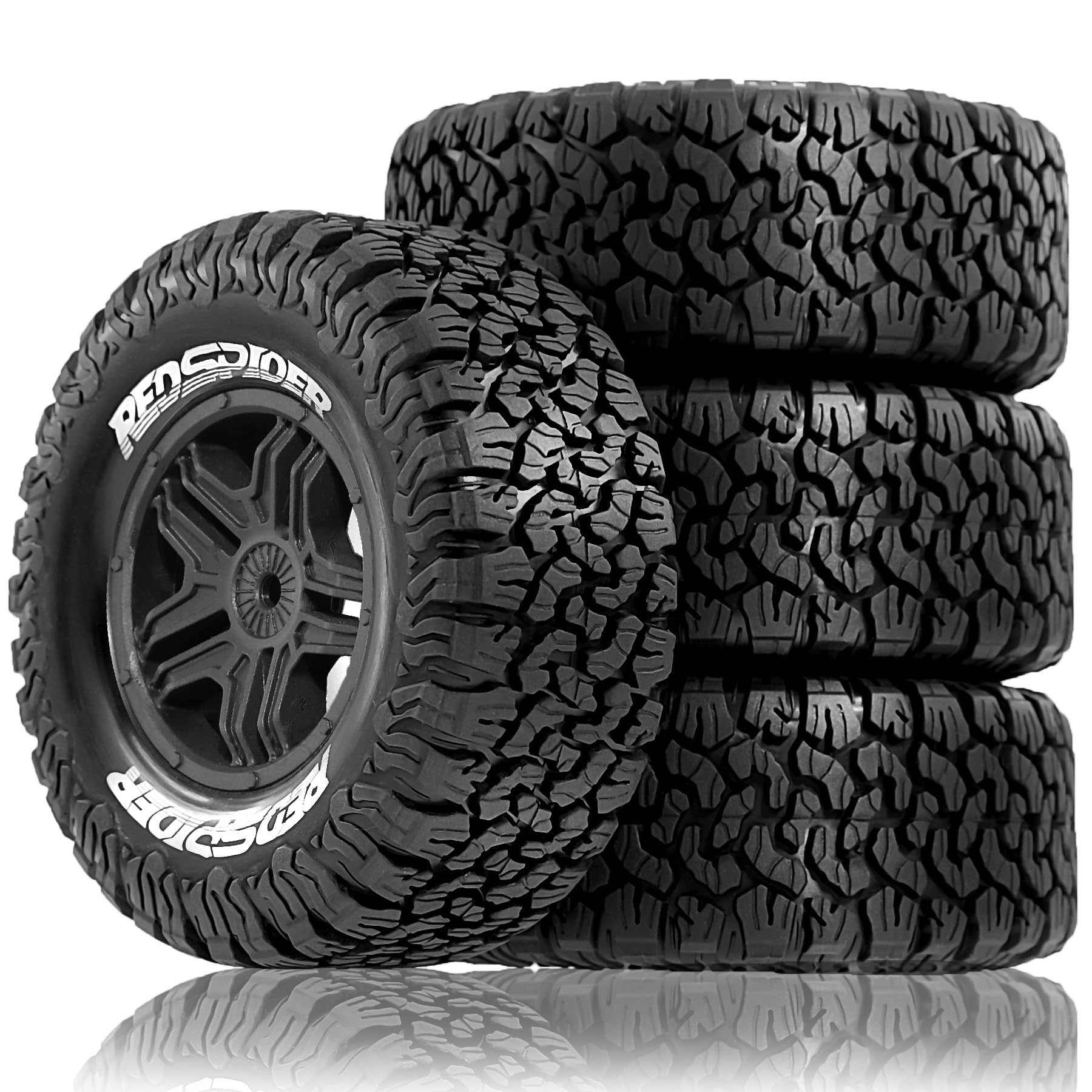 Chanjorlin 1/10 RC Short Course Truck Plastic Wheels 12mm Hex and Tires OD 4.41" 5-Spok Off Road Tyres for 1:10 Scale Truck Car TRAXXAS Slash 4X4 2WD ARRMA SENTON 3S Losi Redcat Rc4wd 4PCS (Black)
