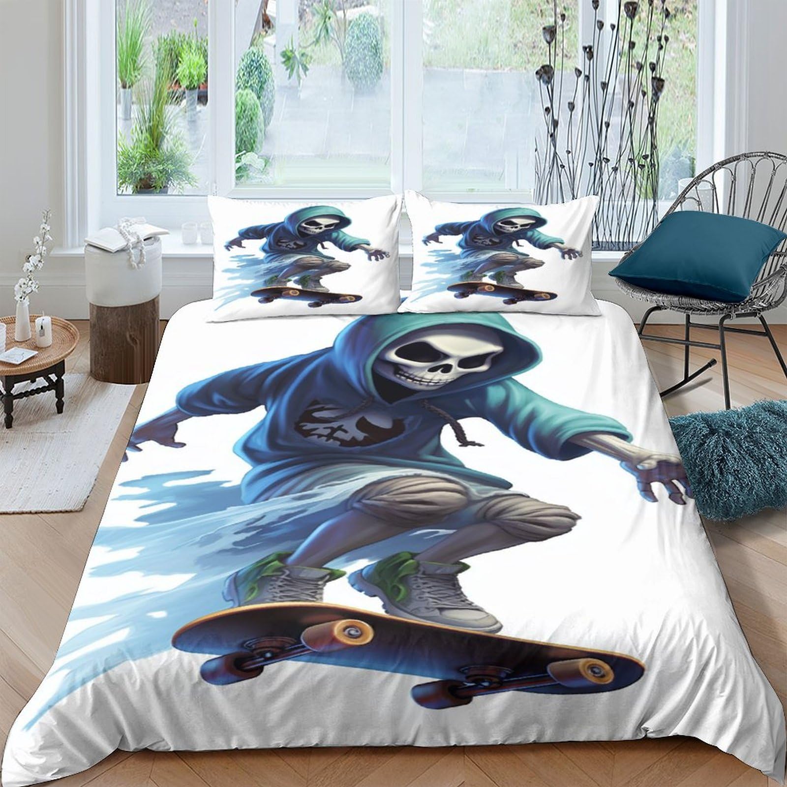 Housse de couette squelette skateboard pour chambre d'ado cool