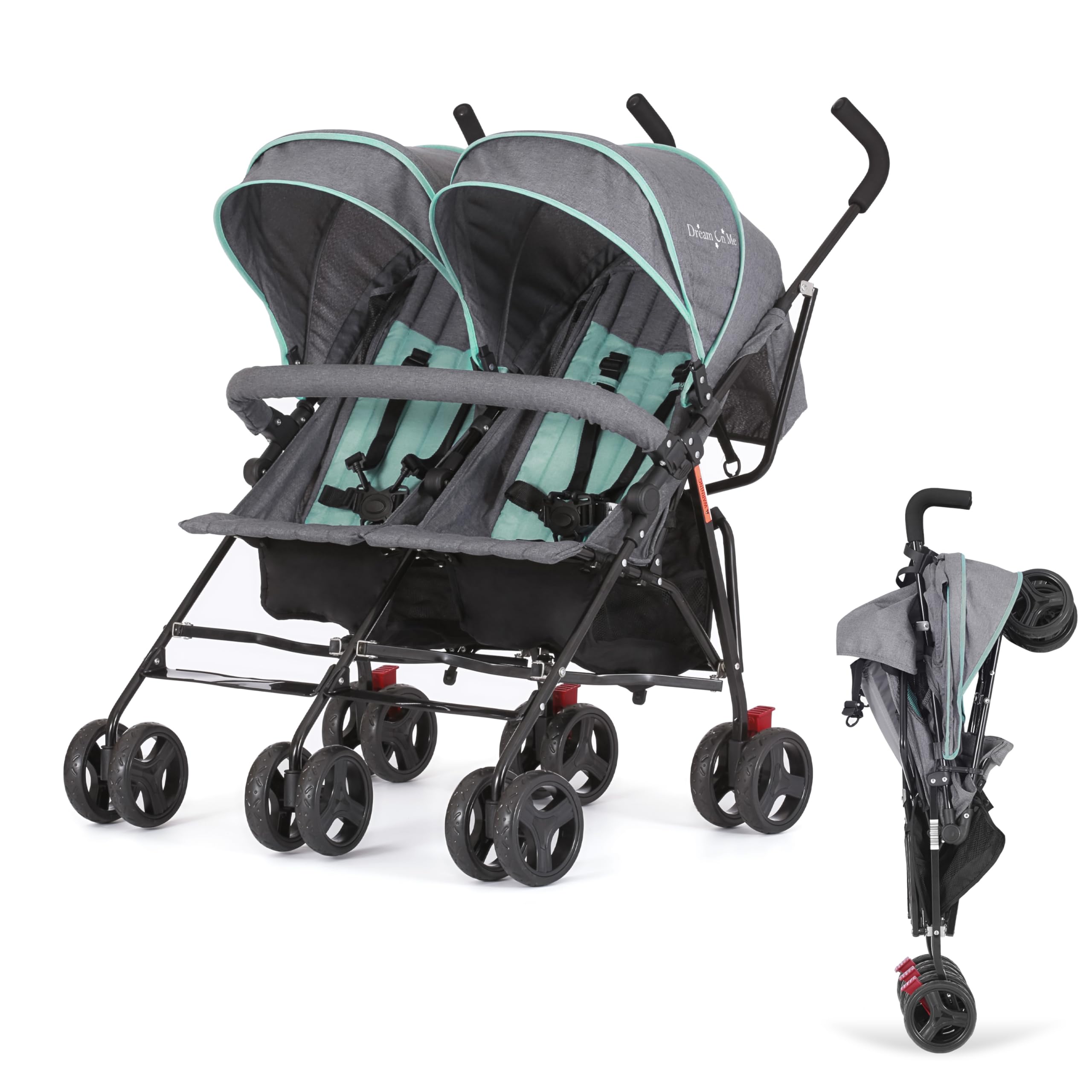 Dream On MeVolgo Twin Baby Stroller, Lightweight Side-by-Side Double Umbrella Stroller with Adjustable Canopy, 5-Point Harness, Storage Basket & Travel-Friendly Fold – Mint and Dark Grey