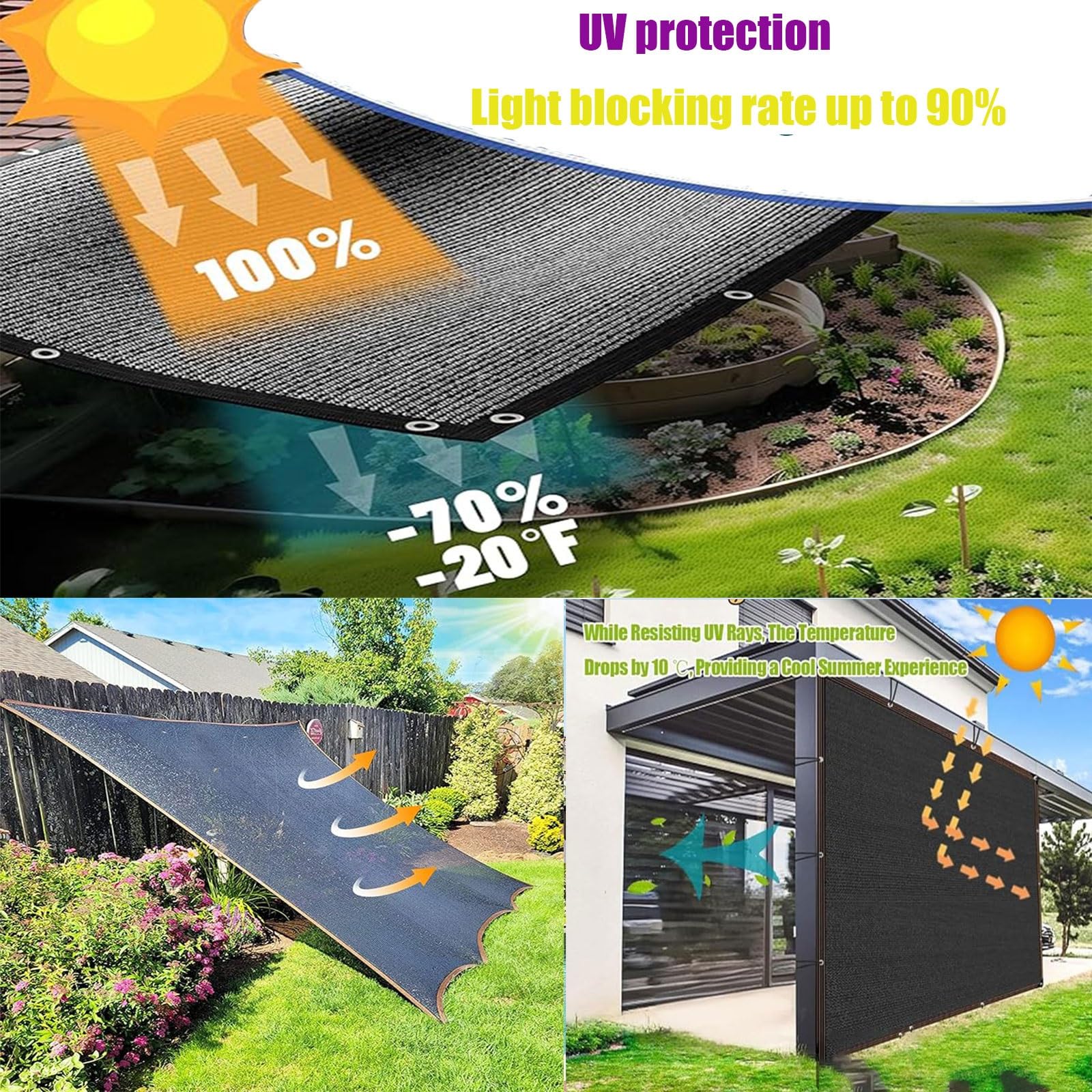 Telo parasole nero con protezione UV al 90%, 3,9 x 3,5 m, resistente, con occhielli per piante, pomodori, fienili, cucce per cani, bovini e pollai