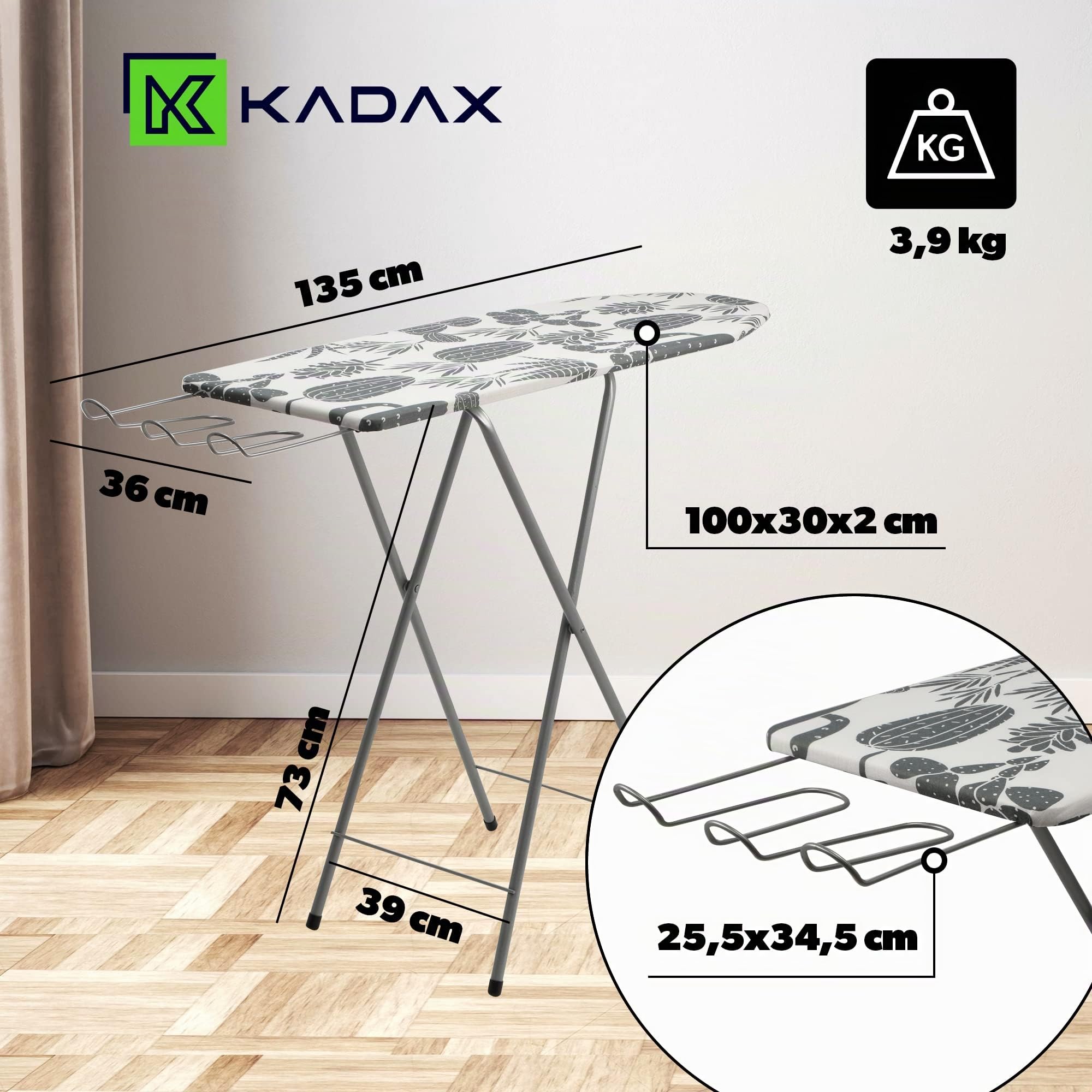 KADAX Asse da Stiro 100 x 30 cm, Tavola da Stiro Pieghevole con Rivestimento in Cotone, Piedi Antiscivolo in Acciaio, Supporto per Ferro e Altezza Regolabile